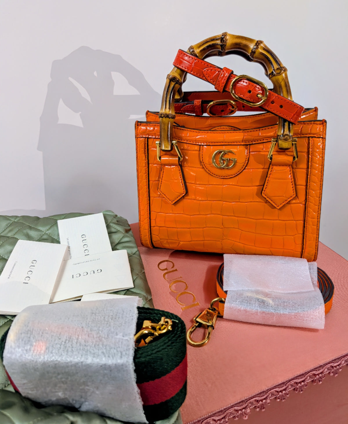 Gucci Rare Orange Crocodile Small Diana Tote Bag Complete Collector’s Set