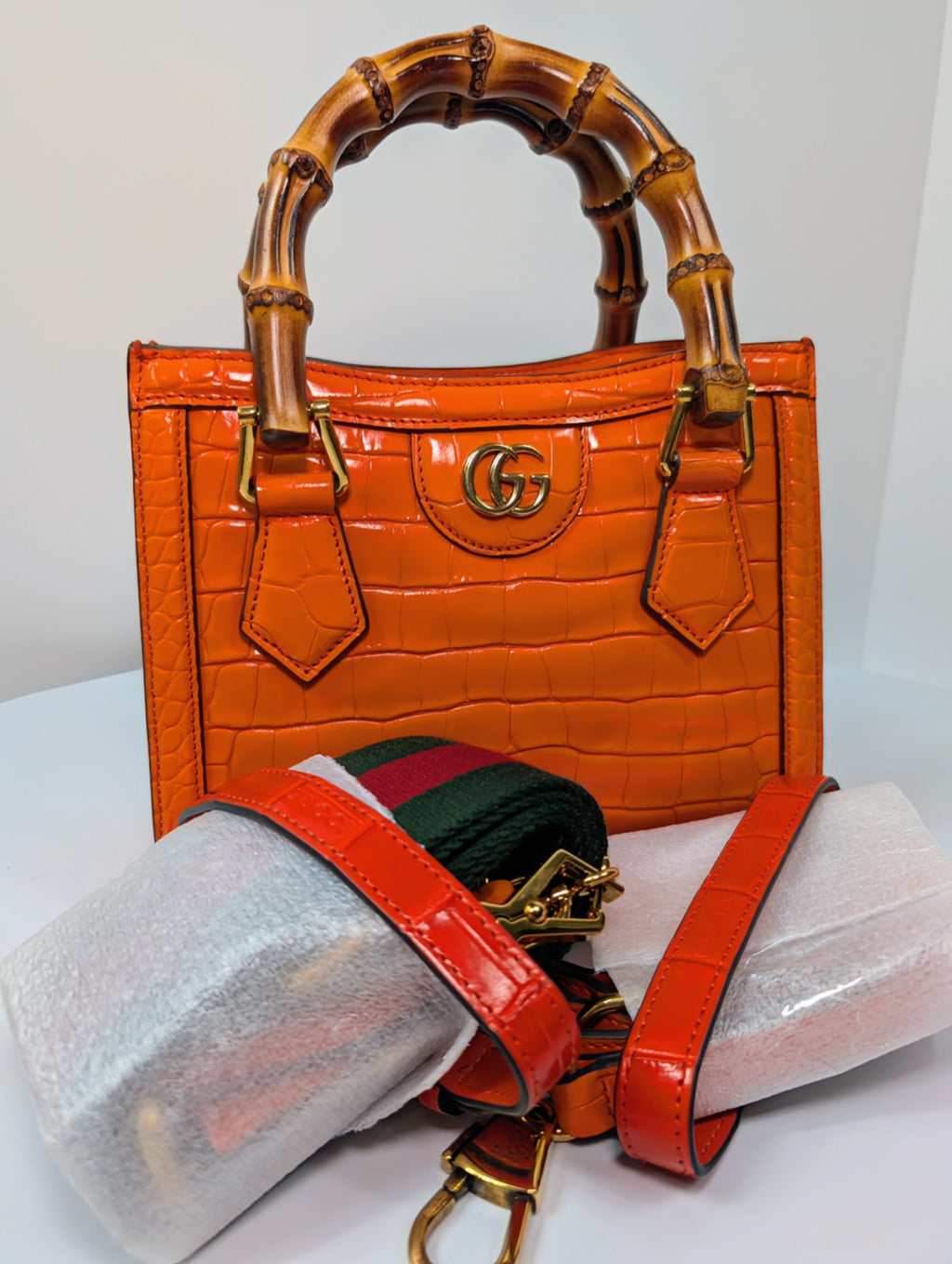 Gucci Rare Orange Crocodile Small Diana Tote Bag Complete Collector’s Set