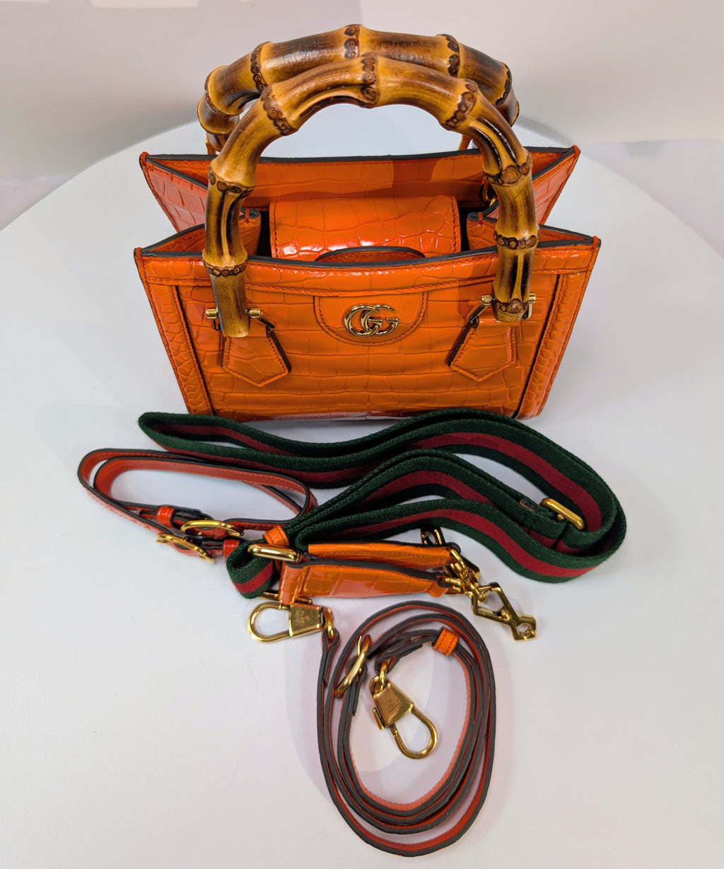 Gucci Rare Orange Crocodile Small Diana Tote Bag Complete Collector’s Set