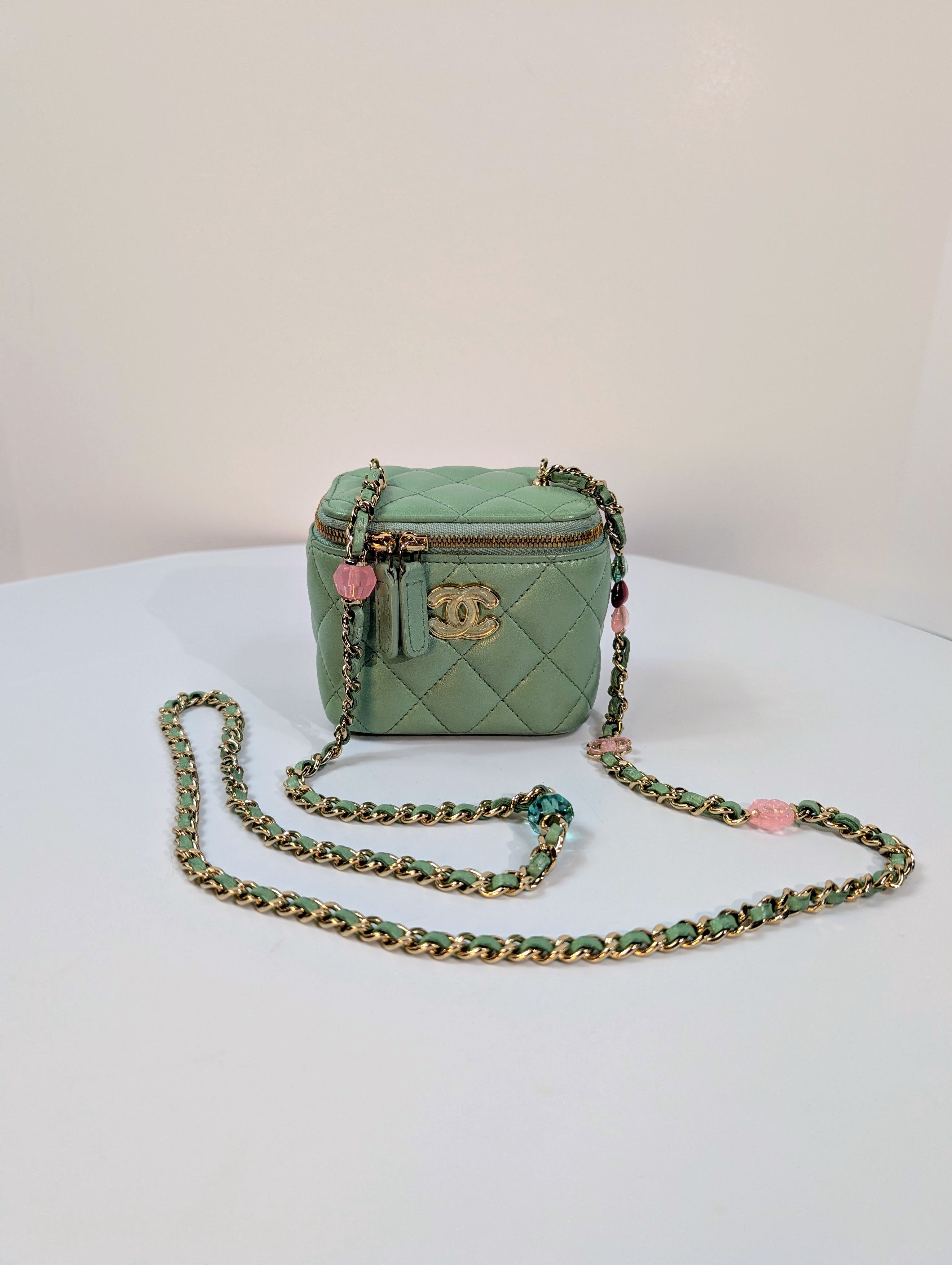 Chanel Light Green Mint Lambskin Quilted Mini Vanity Case with CC Charms