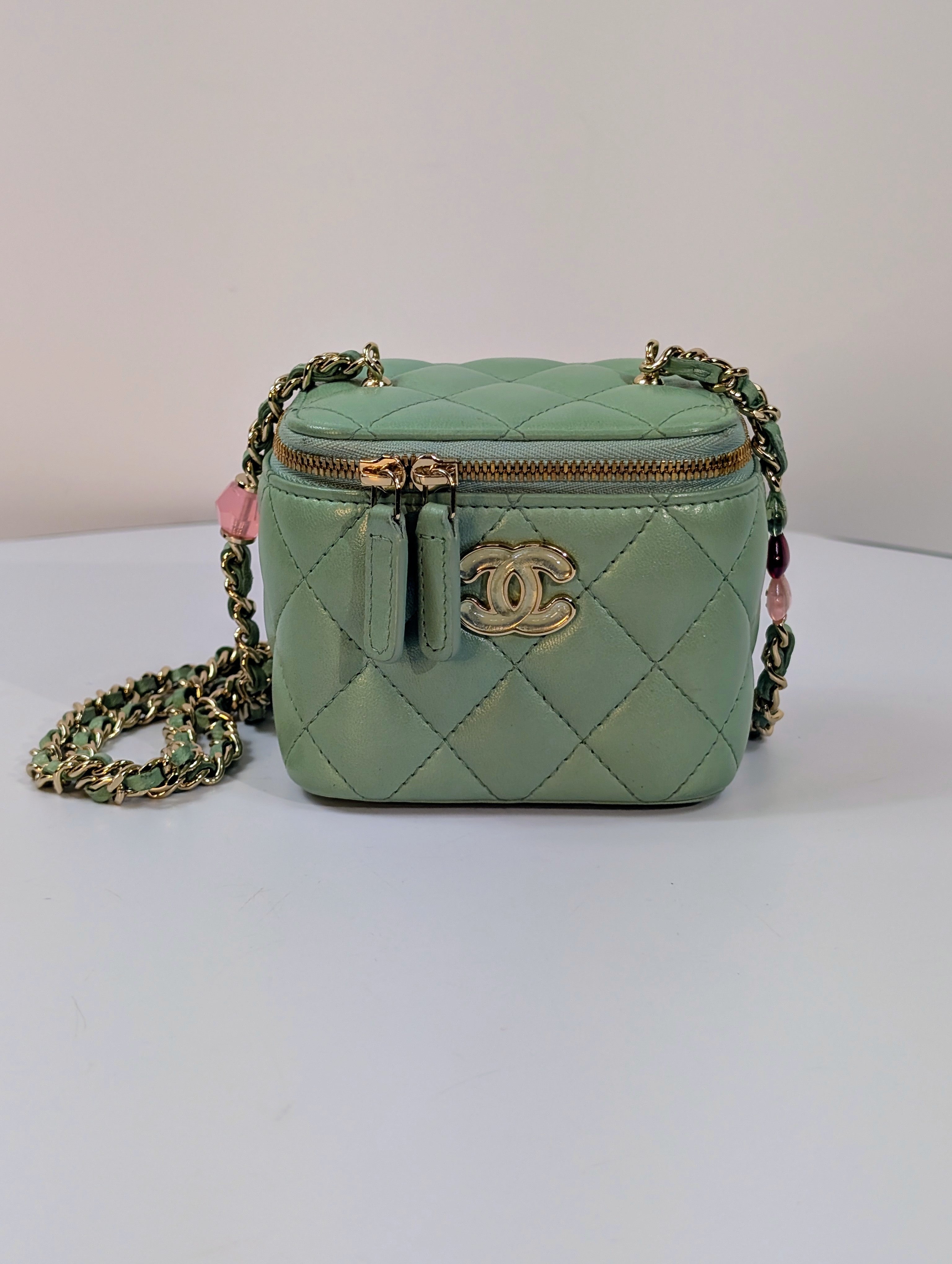 Chanel Light Green Mint Lambskin Quilted Mini Vanity Case with CC Charms