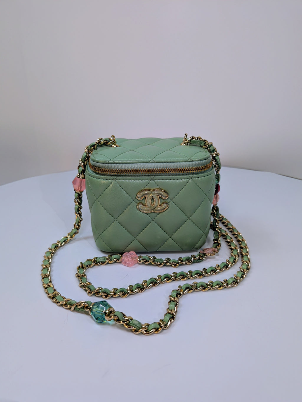 Chanel Light Green Mint Lambskin Quilted Mini Vanity Case with CC Charms