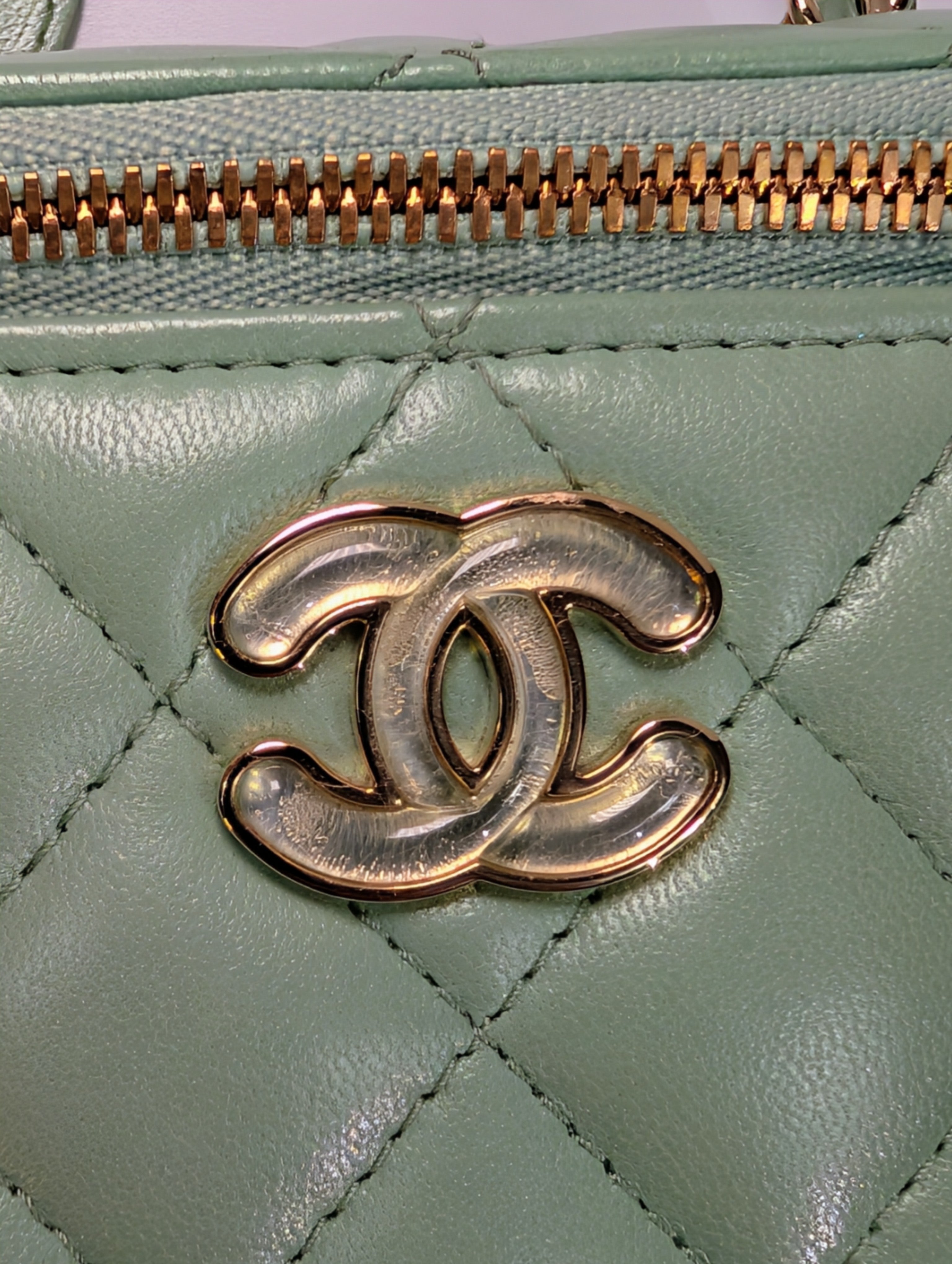 Chanel Light Green Mint Lambskin Quilted Mini Vanity Case with CC Charms