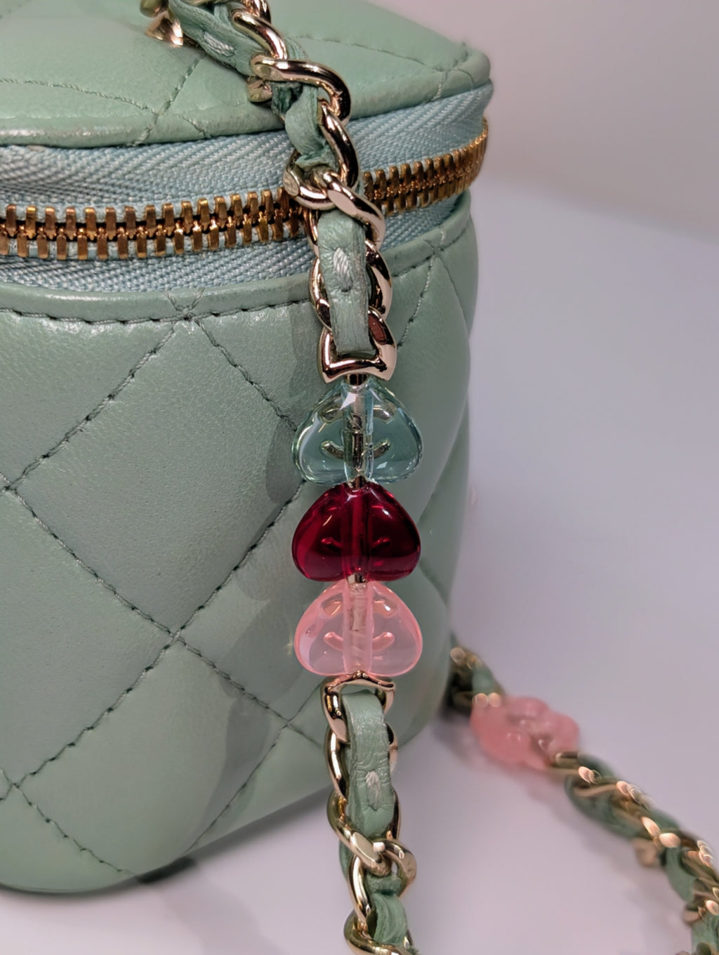 Chanel Light Green Mint Lambskin Quilted Mini Vanity Case with CC Charms