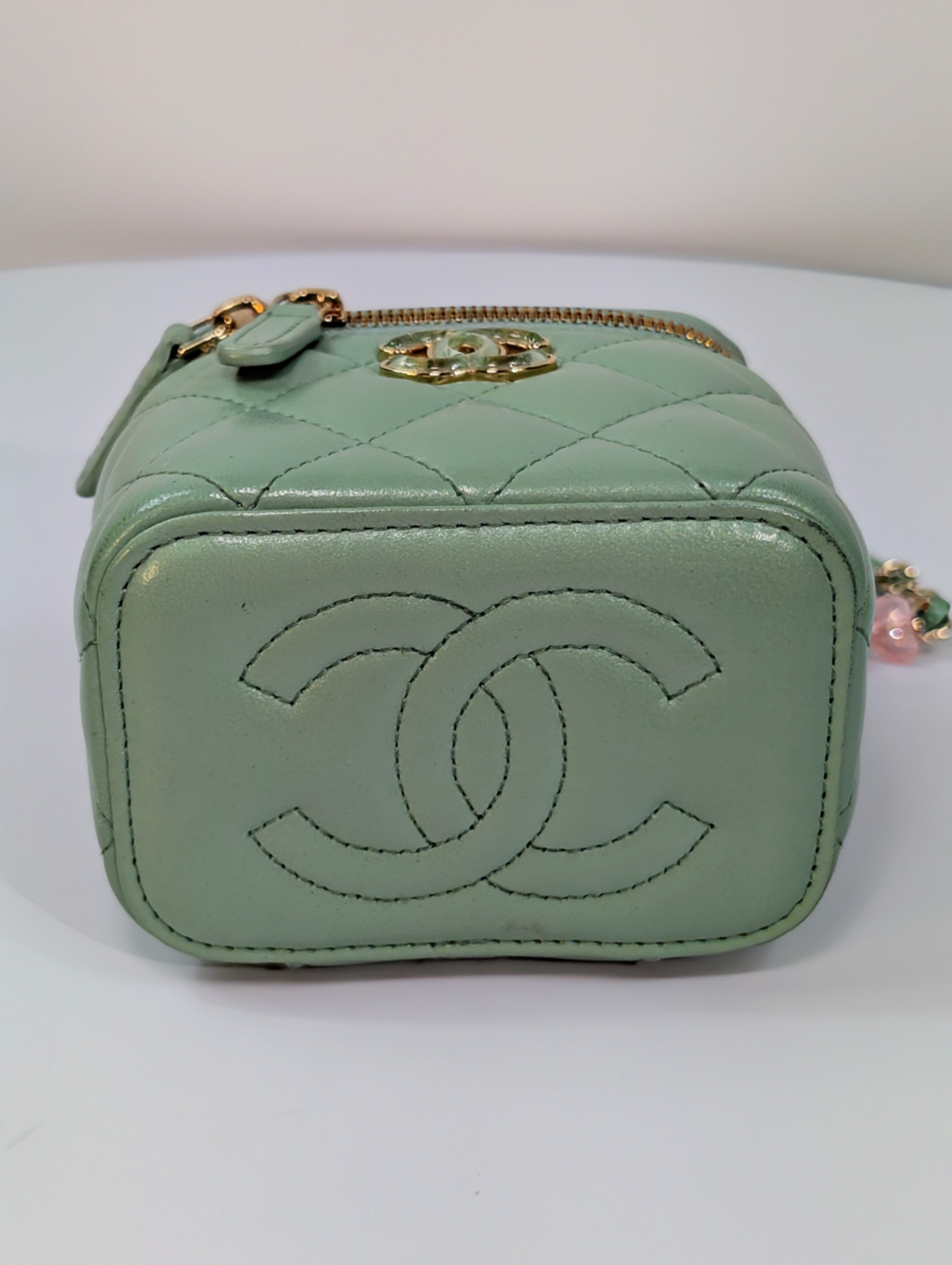Chanel Light Green Mint Lambskin Quilted Mini Vanity Case with CC Charms