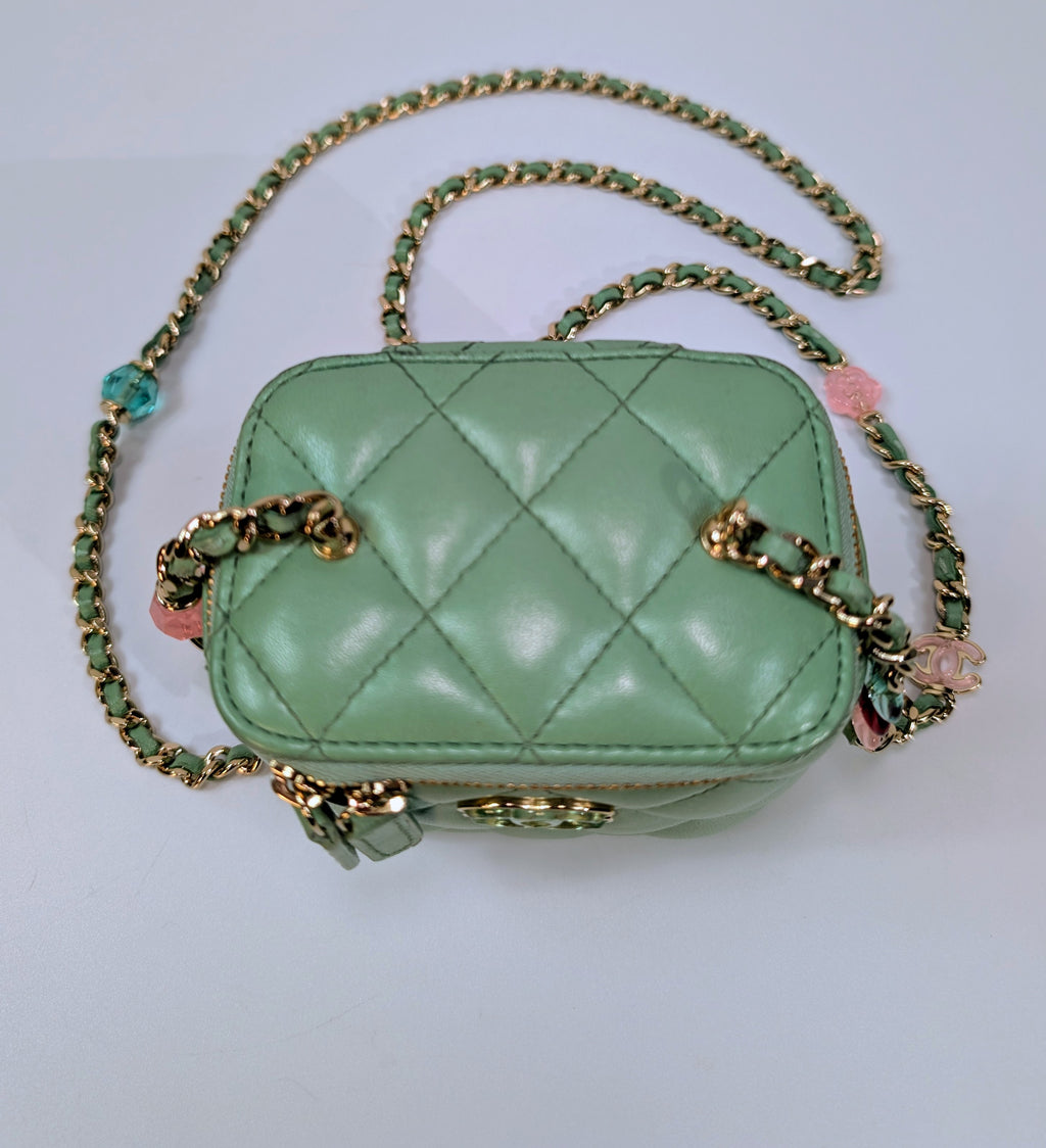Chanel Light Green Mint Lambskin Quilted Mini Vanity Case with CC Charms