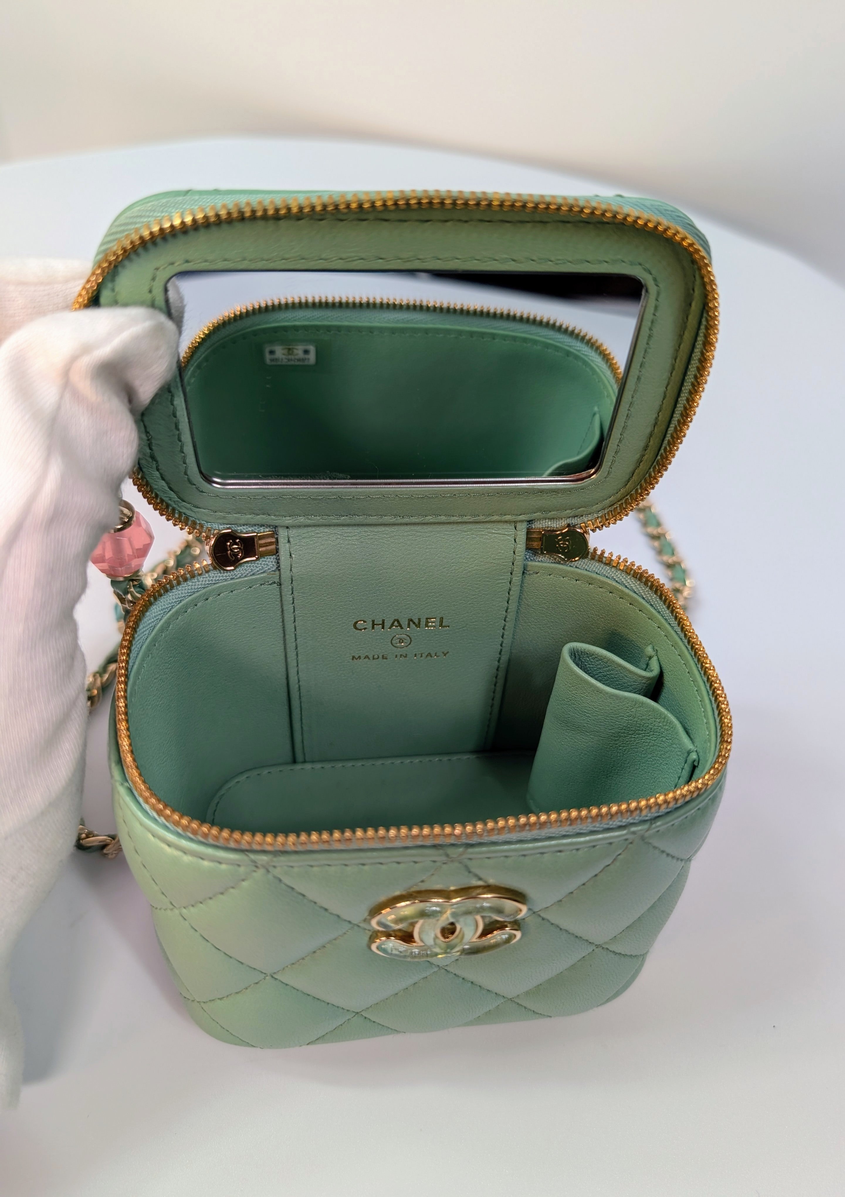 Chanel Light Green Mint Lambskin Quilted Mini Vanity Case with CC Charms