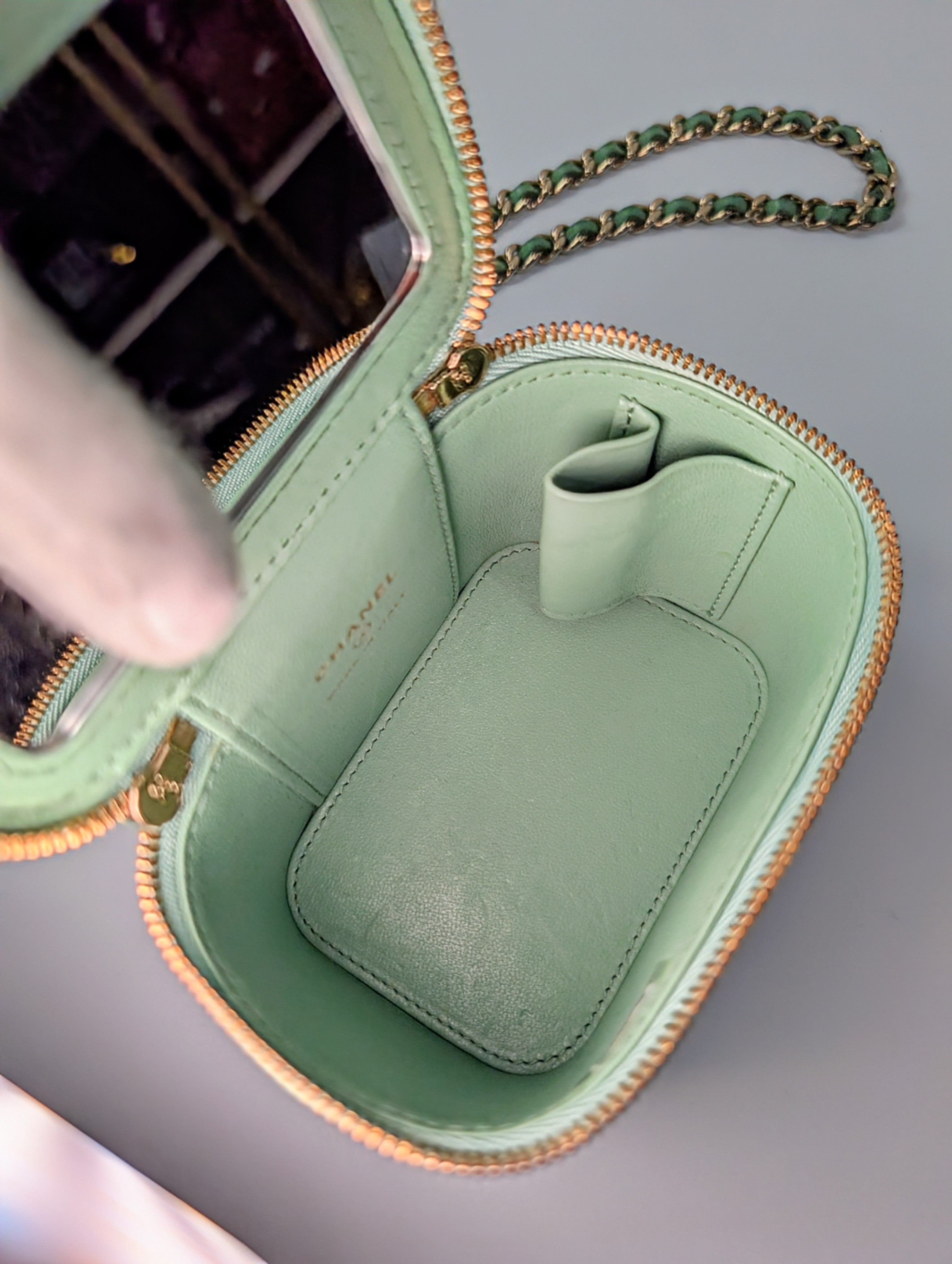 Chanel Light Green Mint Lambskin Quilted Mini Vanity Case with CC