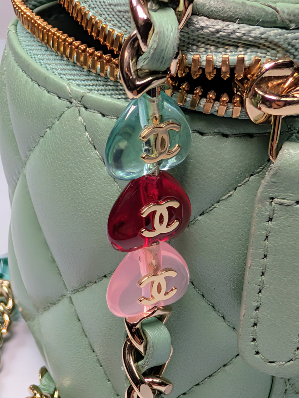 Chanel Light Green Mint Lambskin Quilted Mini Vanity Case with CC Charms