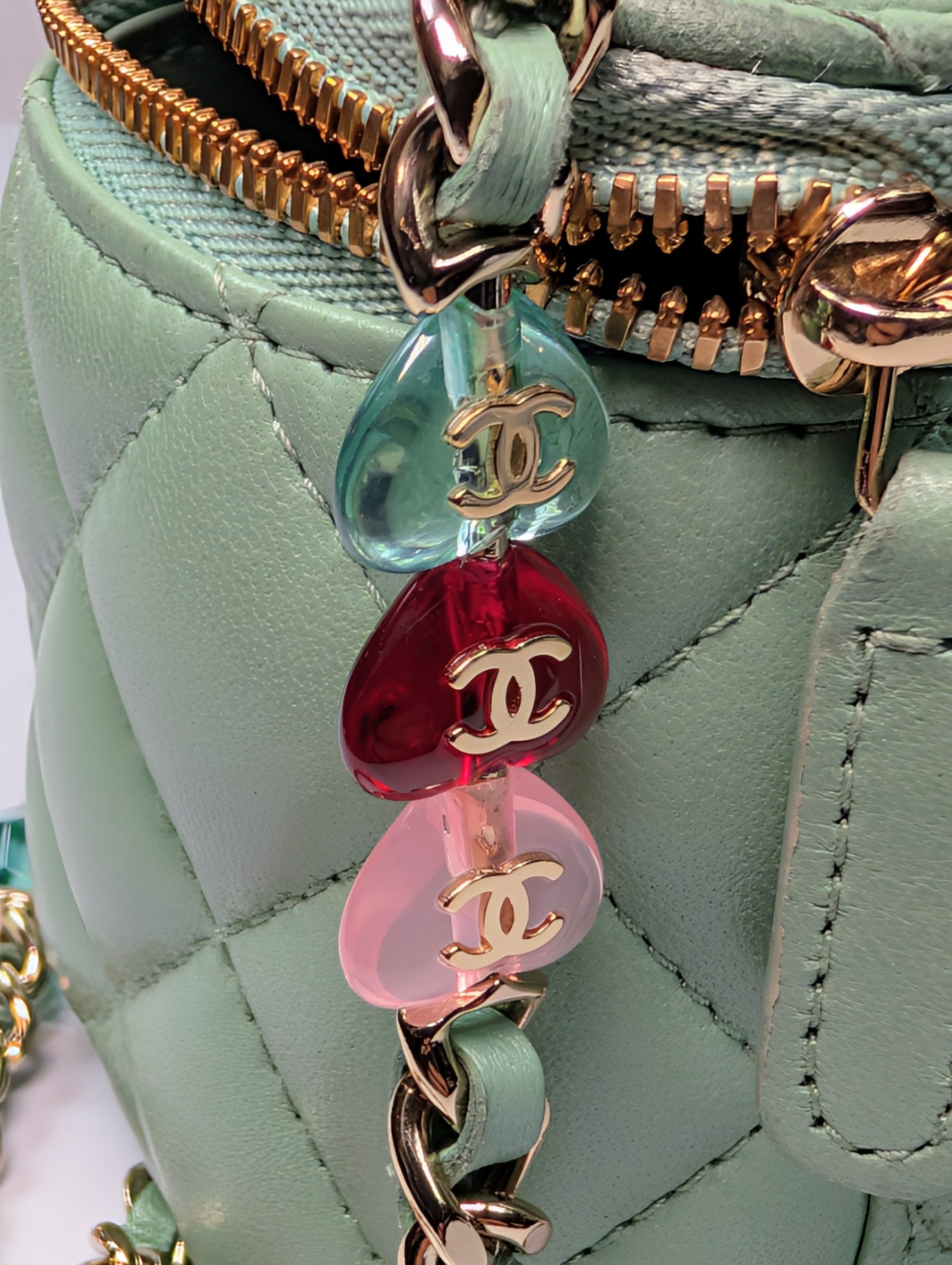 Chanel Light Green Mint Lambskin Quilted Mini Vanity Case with CC Charms