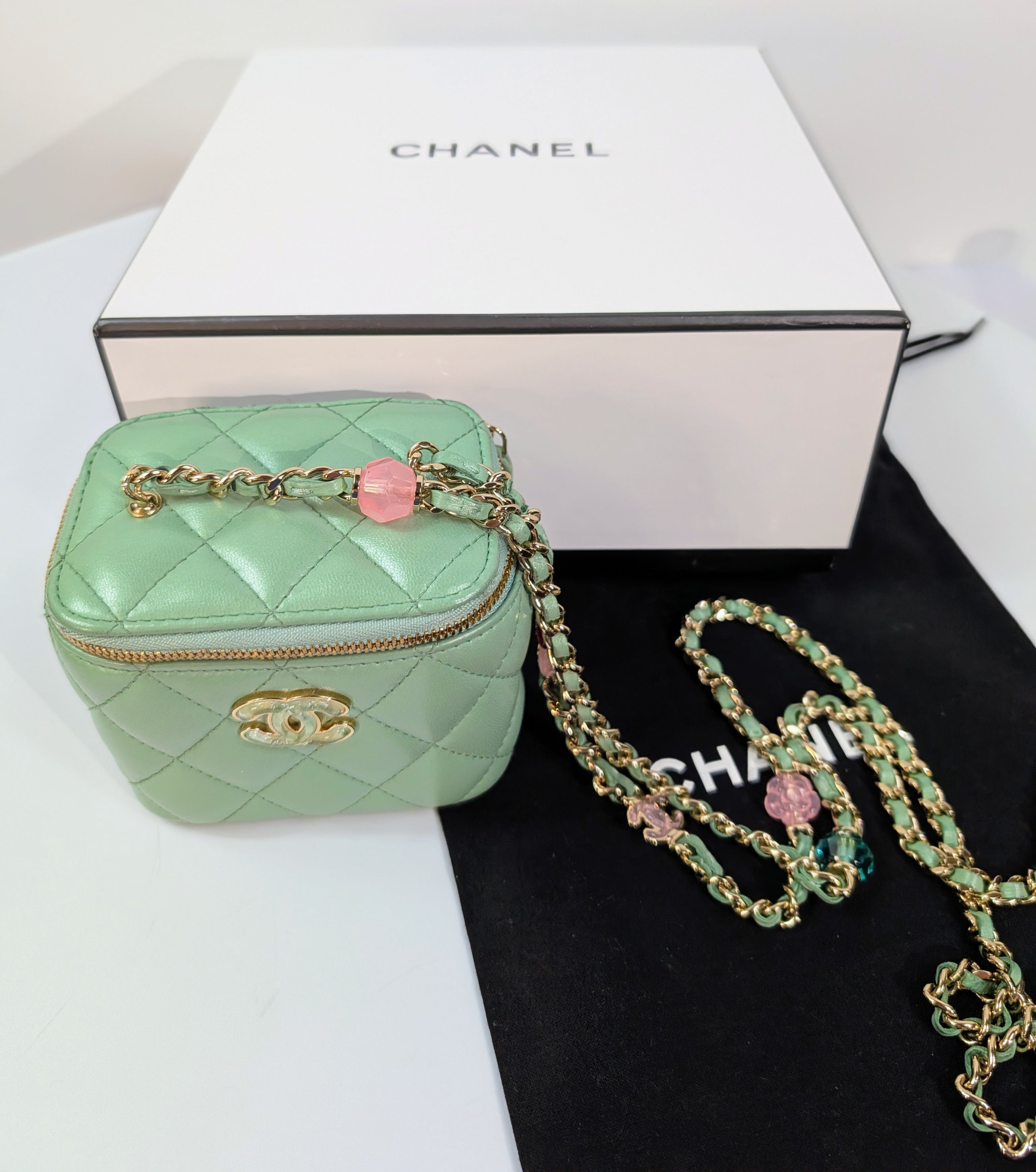 Chanel Light Green Mint Lambskin Quilted Mini Vanity Case with CC Charms