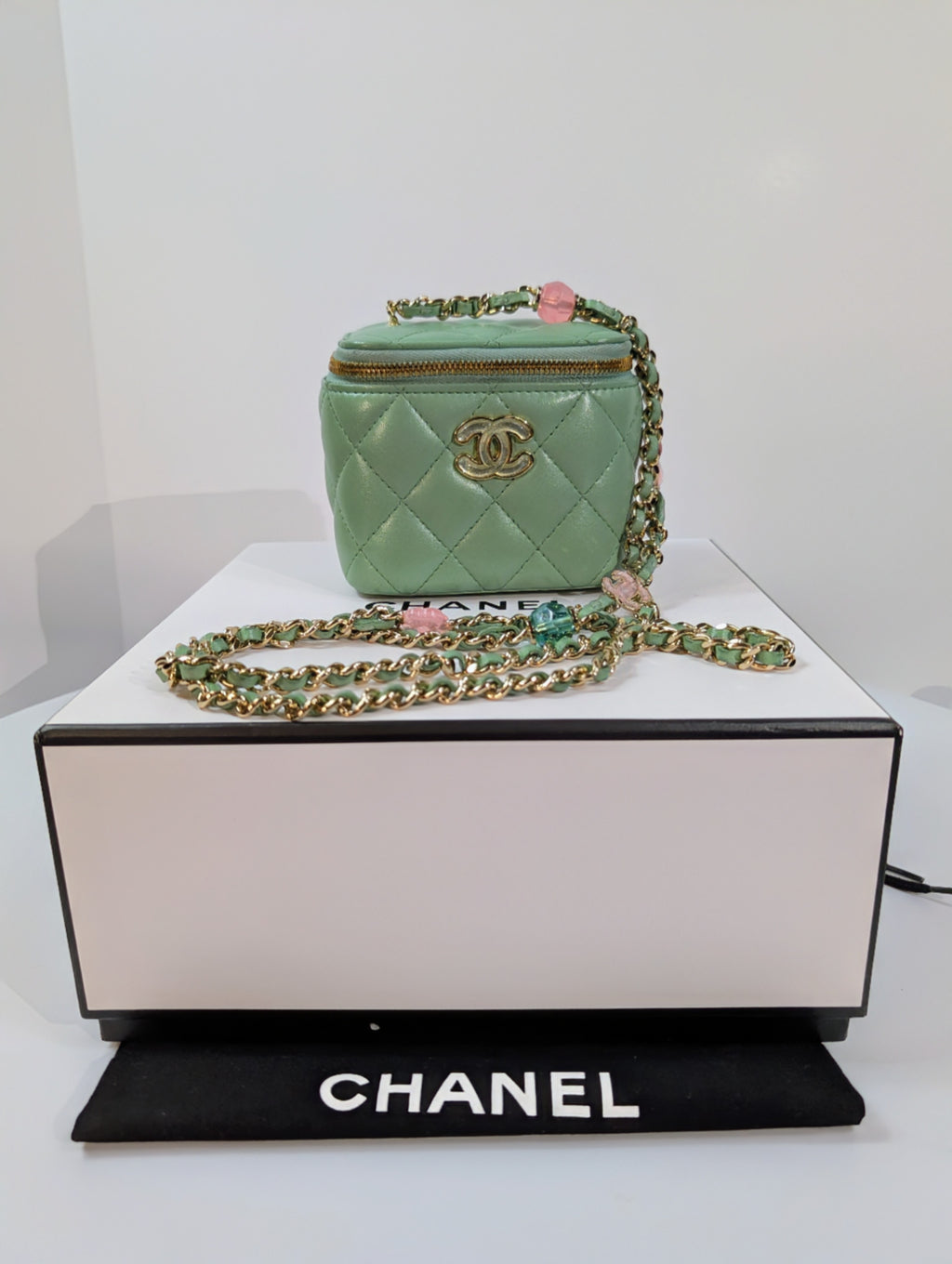Chanel Light Green Mint Lambskin Quilted Mini Vanity Case with CC Charms