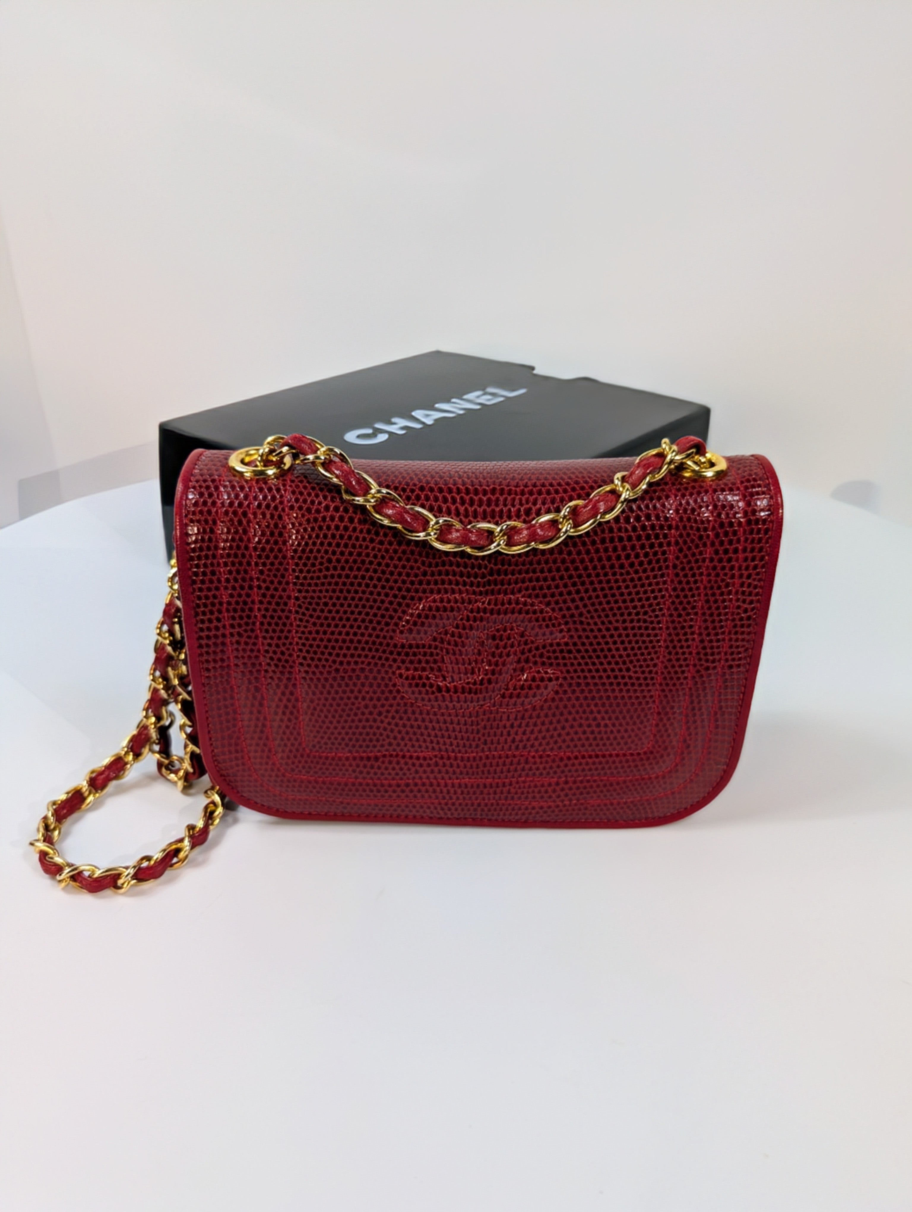 Chanel Rare Vintage Red Lizard Leather Mini Rectangular Flap Bag