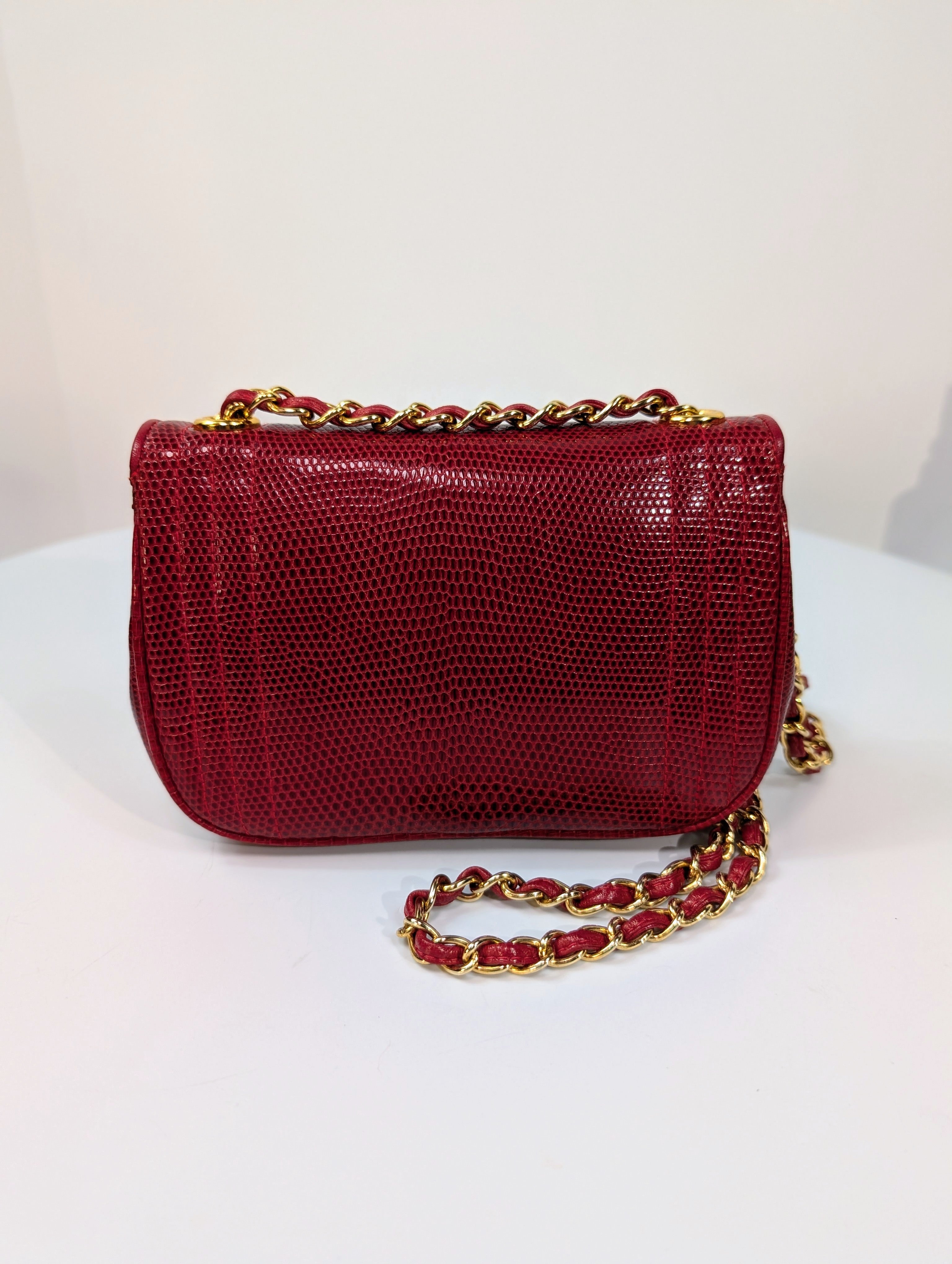 Chanel Rare Vintage Red Lizard Leather Mini Rectangular Flap Bag