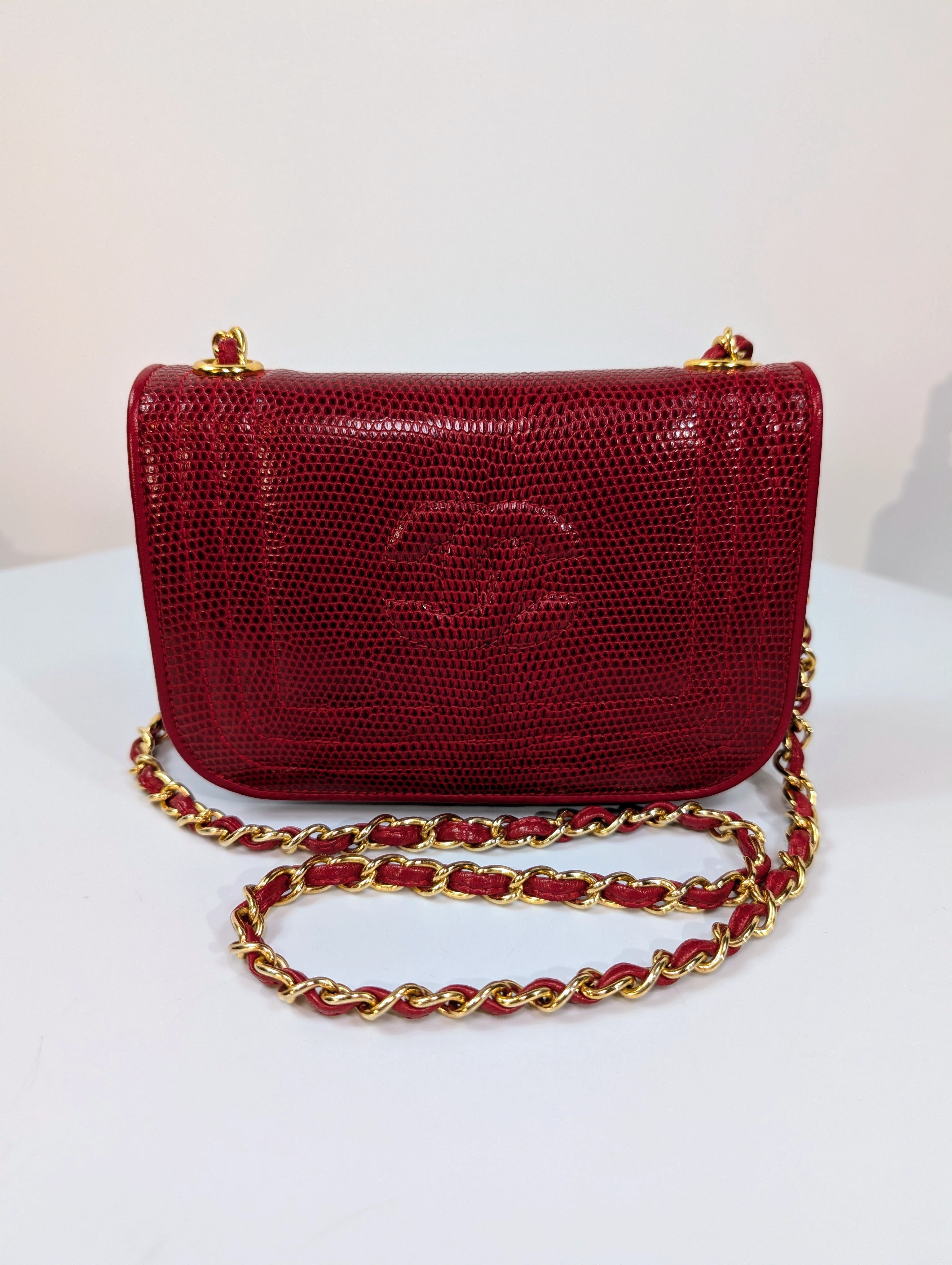 Chanel Rare Vintage Red Lizard Leather Mini Rectangular Flap Bag