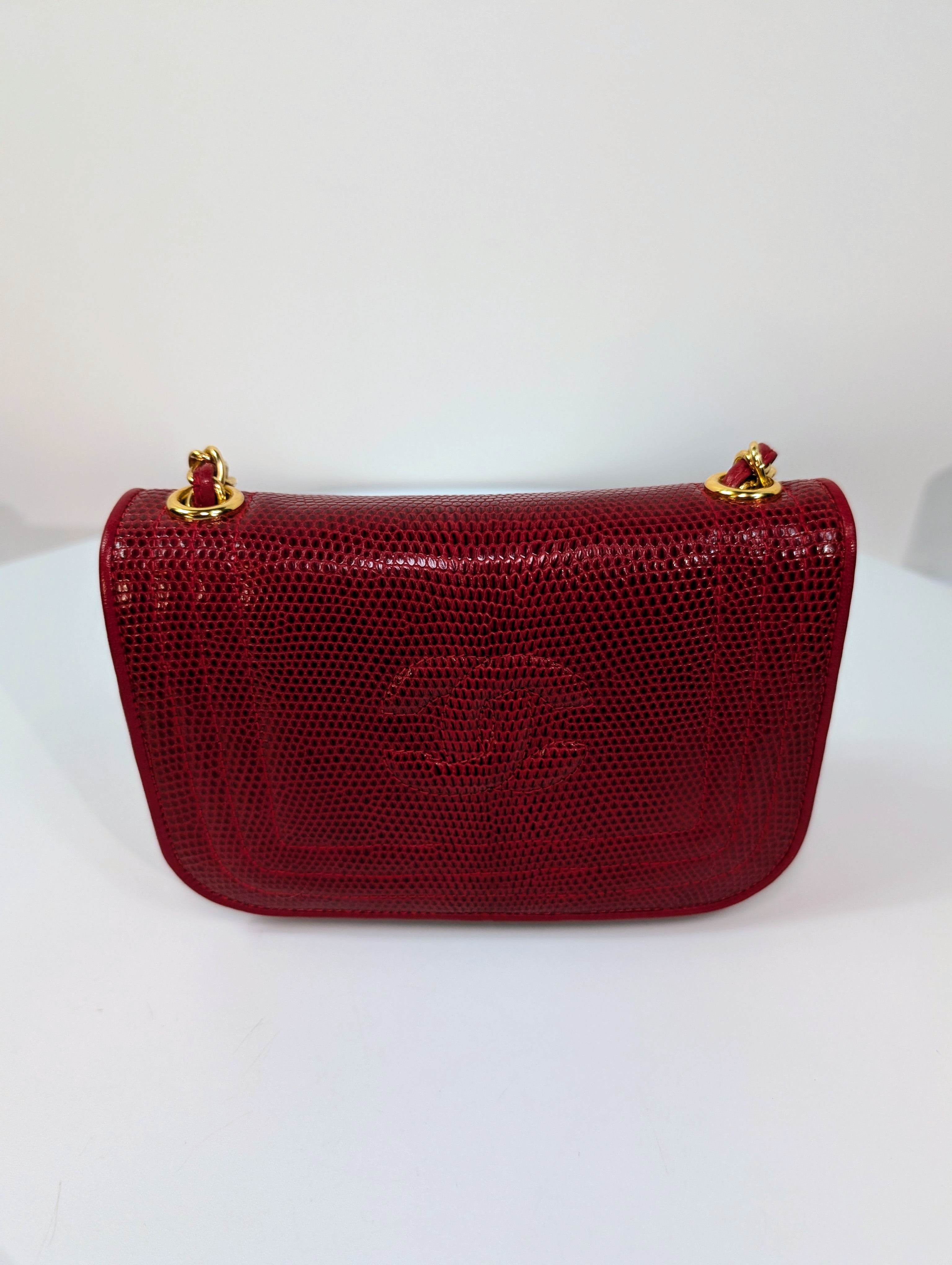 Chanel Rare Vintage Red Lizard Leather Mini Rectangular Flap Bag
