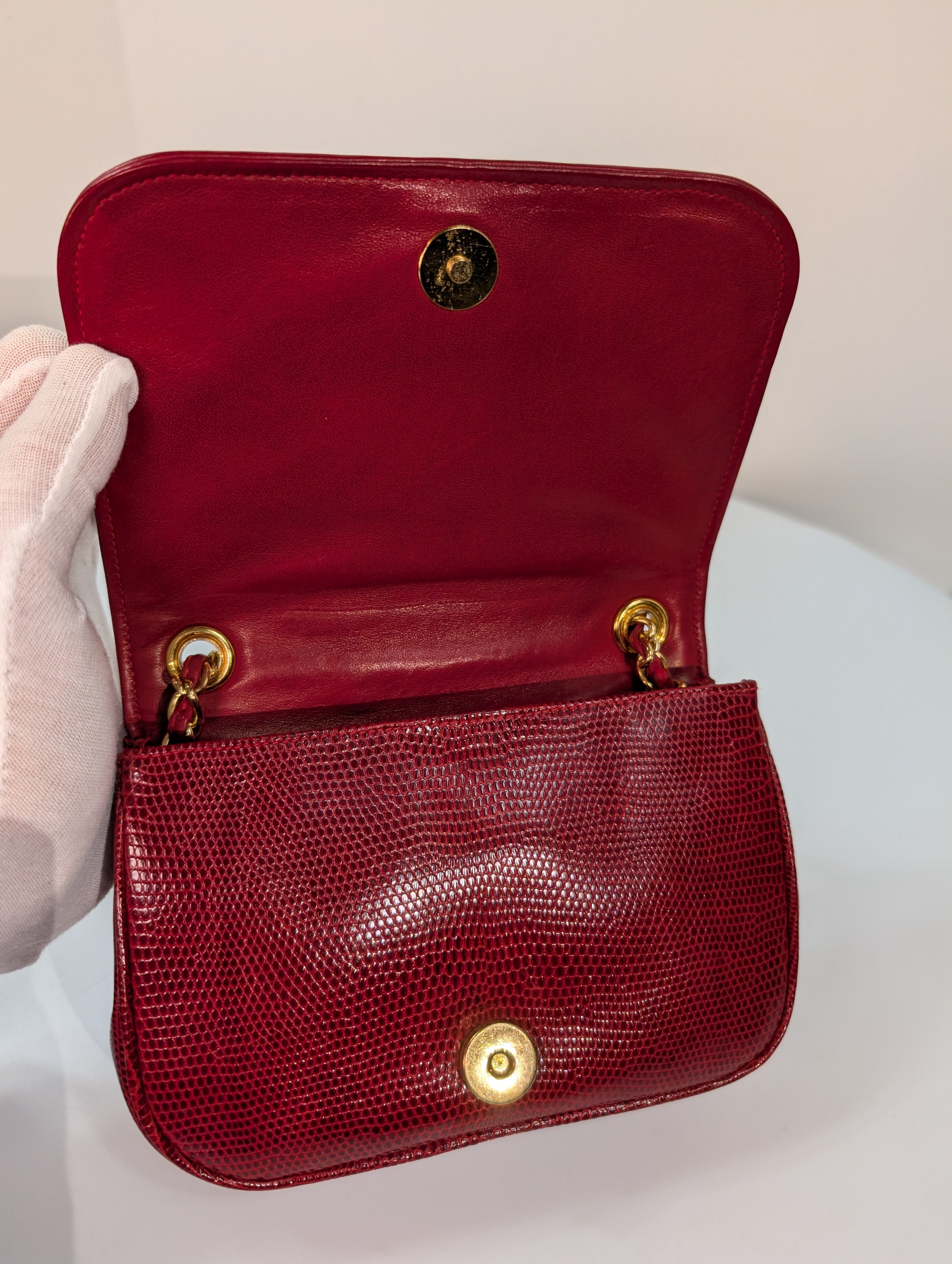 Chanel Rare Vintage Red Lizard Leather Mini Rectangular Flap Bag