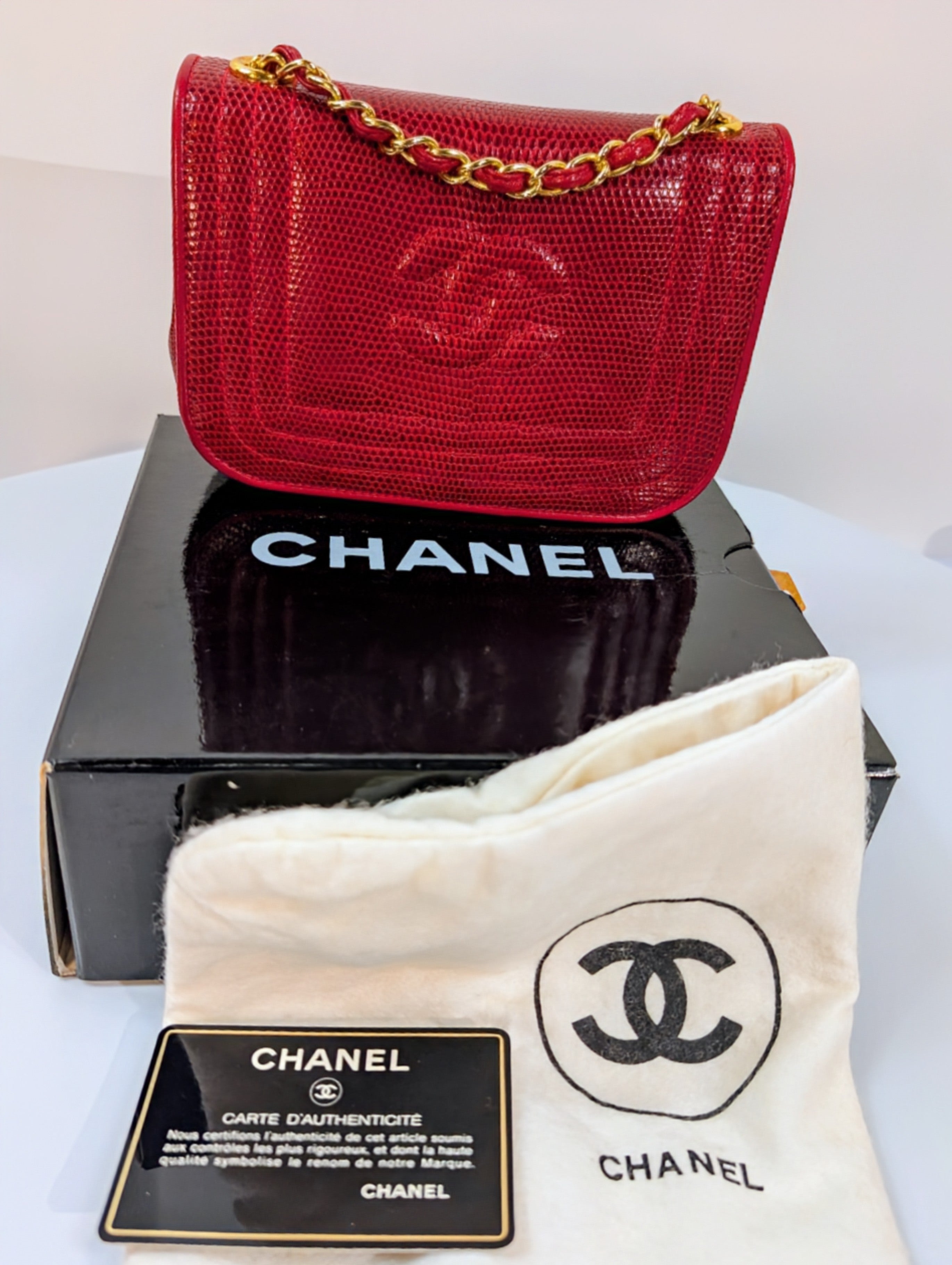 Chanel Rare Vintage Red Lizard Leather Mini Rectangular Flap Bag