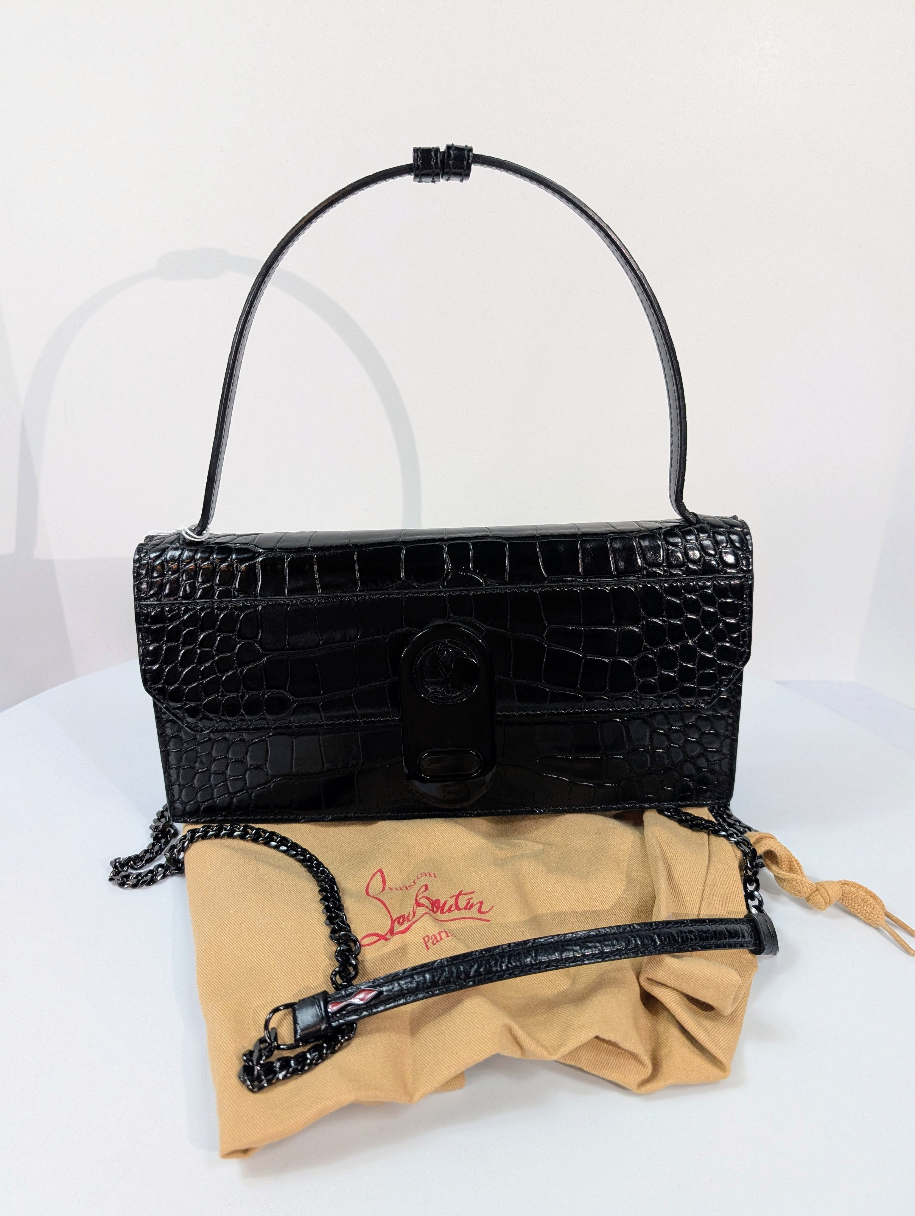 Christian Louboutin Black Elisa Crocodile Embossed Baguette Bag