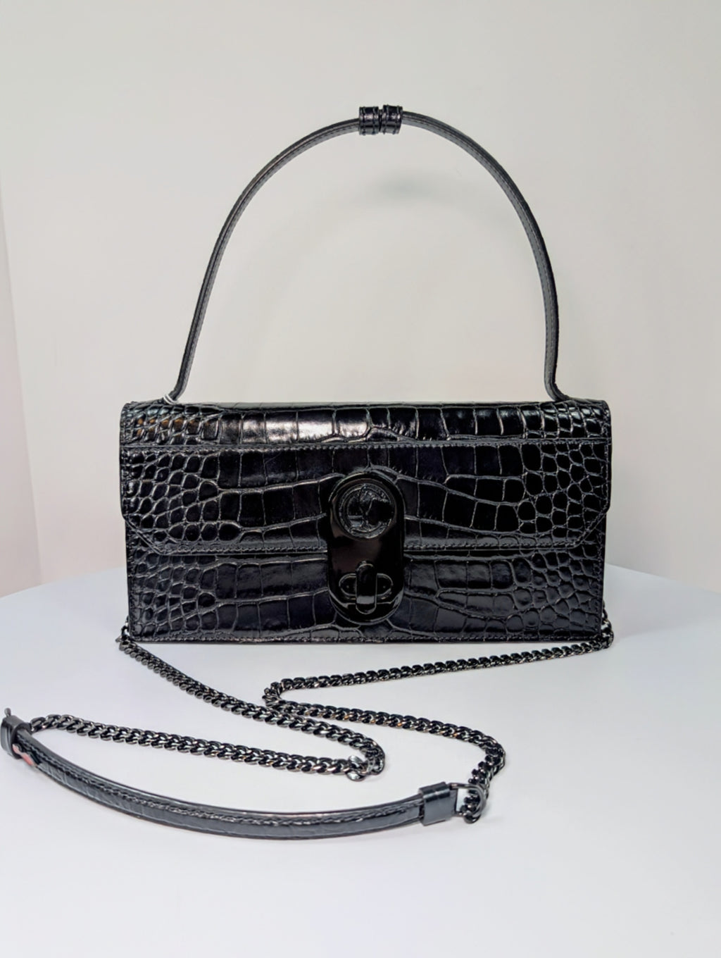 Christian Louboutin Black Elisa Crocodile Embossed Baguette Bag