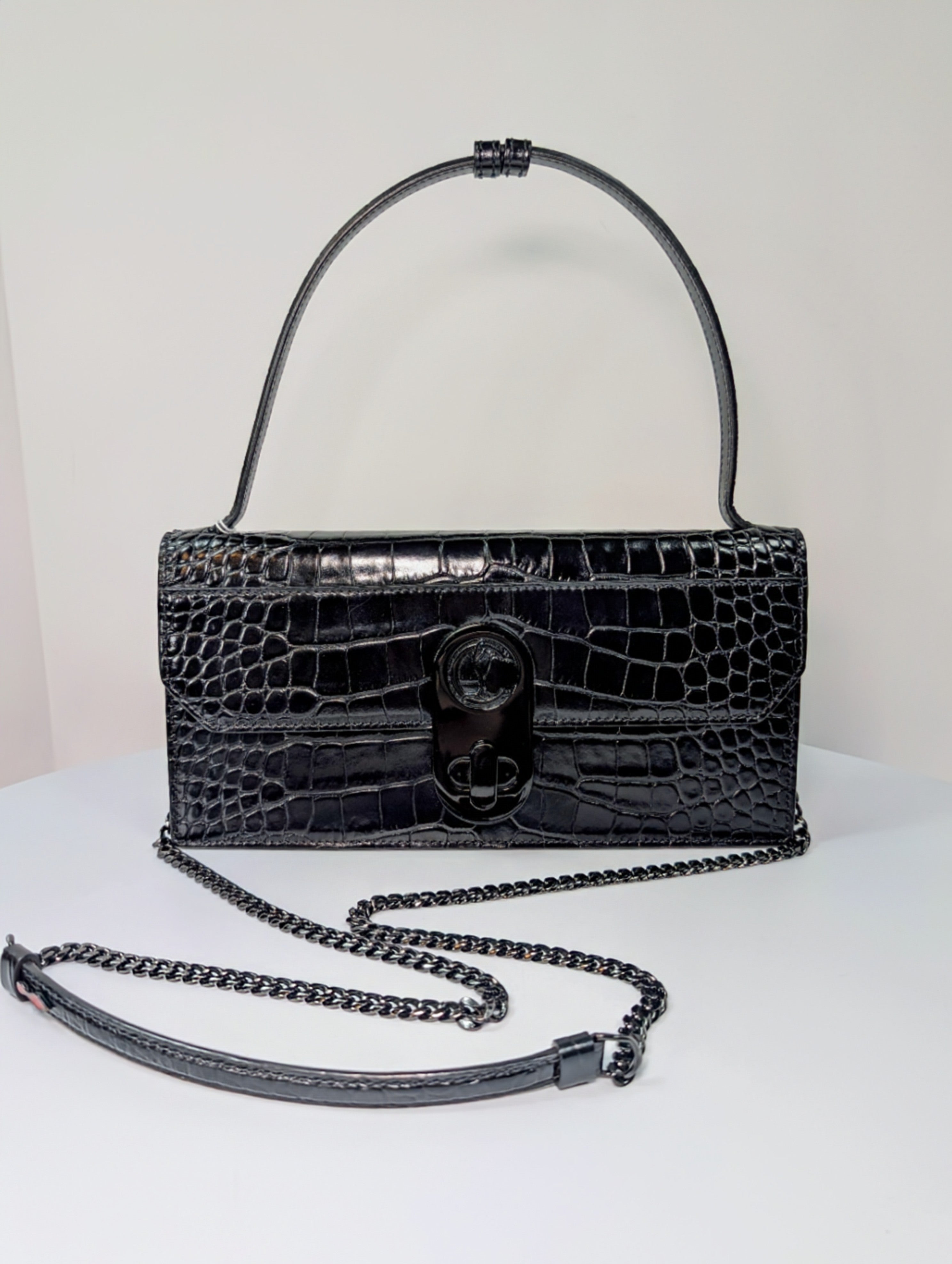 Christian Louboutin Black Elisa Crocodile Embossed Baguette Bag