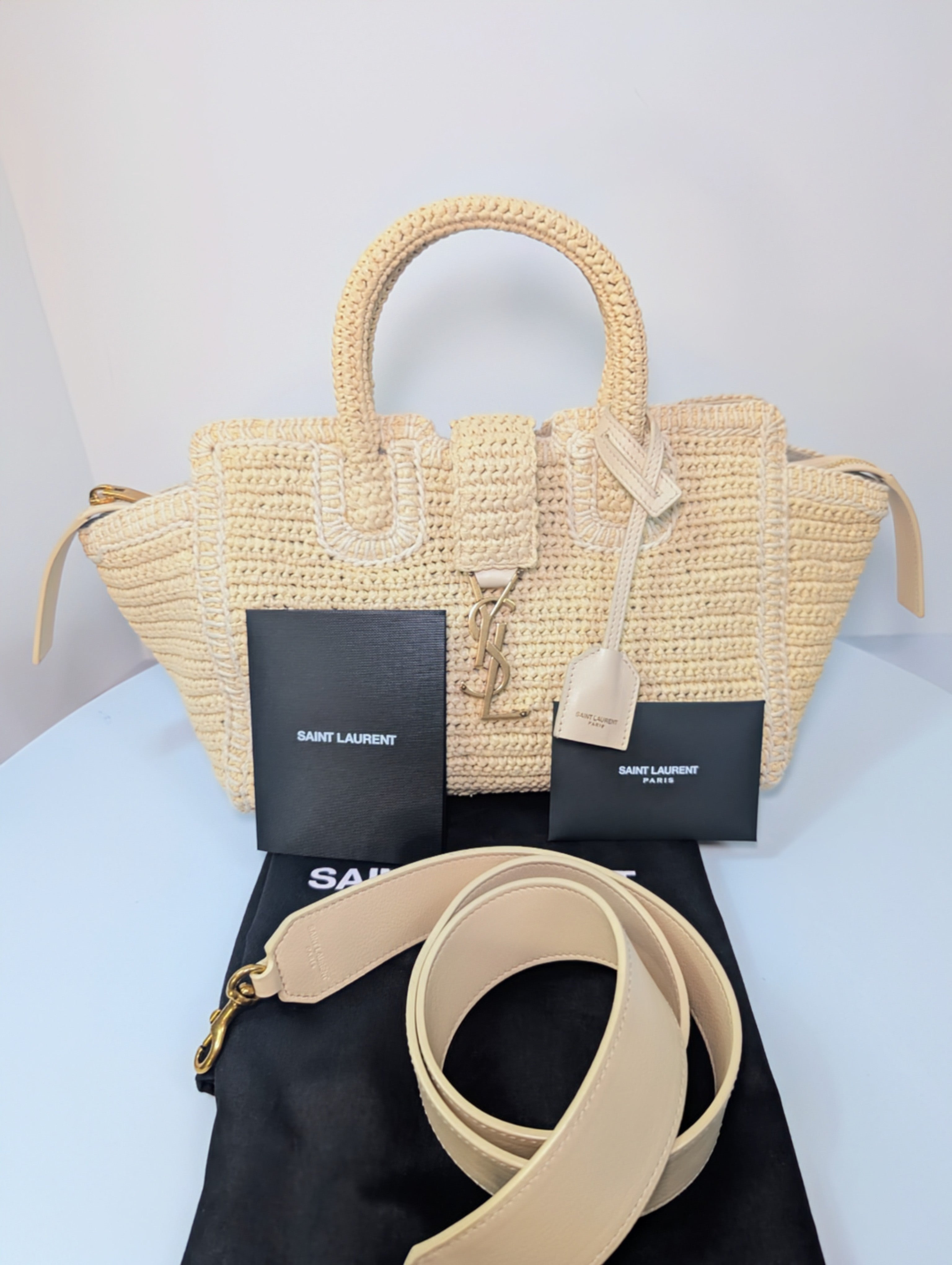 YSL Saint Laurent Light Brown Raffia Crochet Caba Tote Bag with Antiqued Gold Hardware