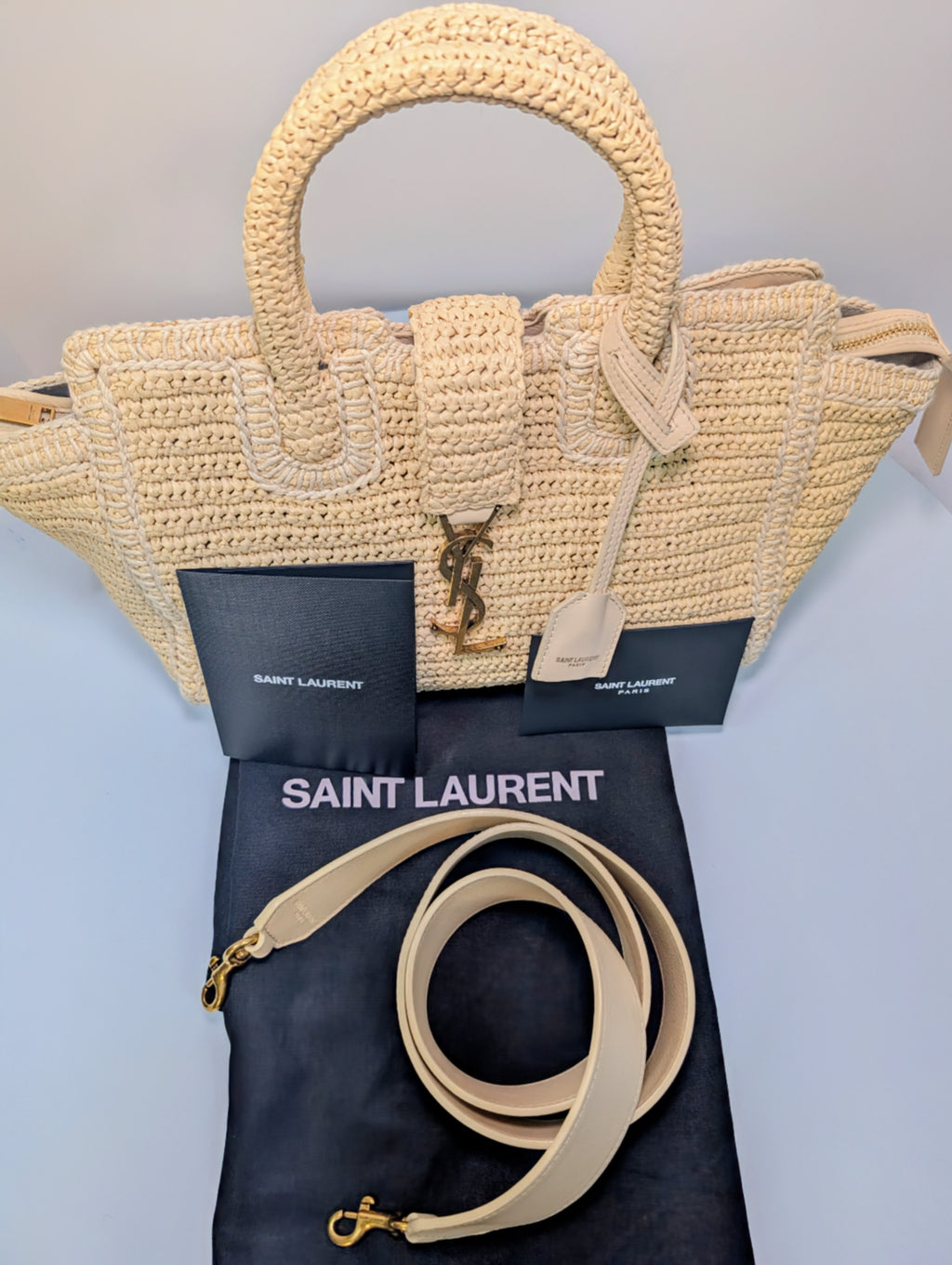 YSL Saint Laurent Light Brown Raffia Crochet Caba Tote Bag with Antiqued Gold Hardware