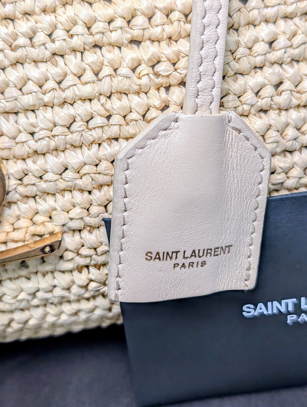YSL Saint Laurent Light Brown Raffia Crochet Caba Tote Bag with Antiqued Gold Hardware