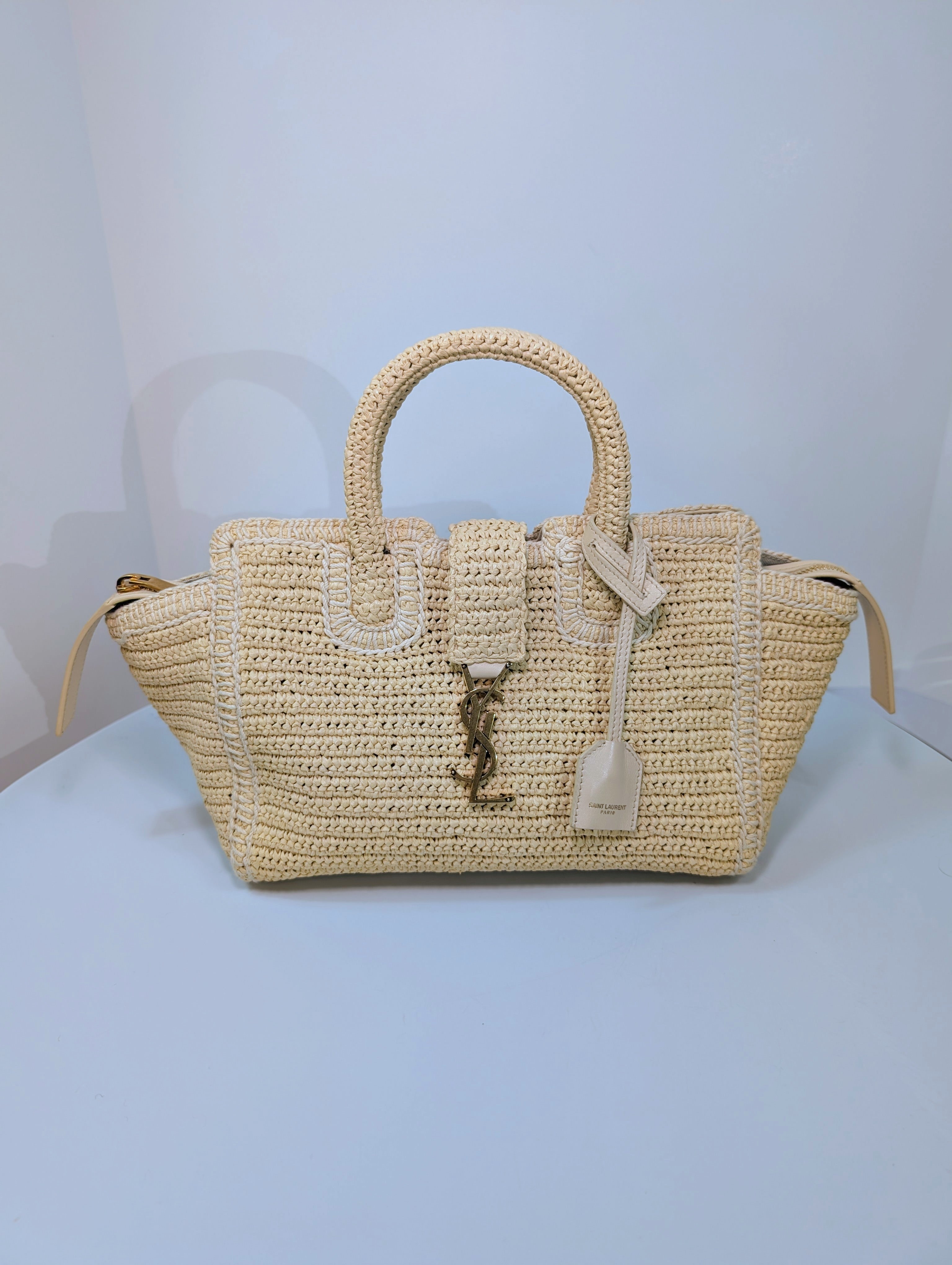 YSL Saint Laurent Light Brown Raffia Crochet Caba Tote Bag with Antiqued Gold Hardware