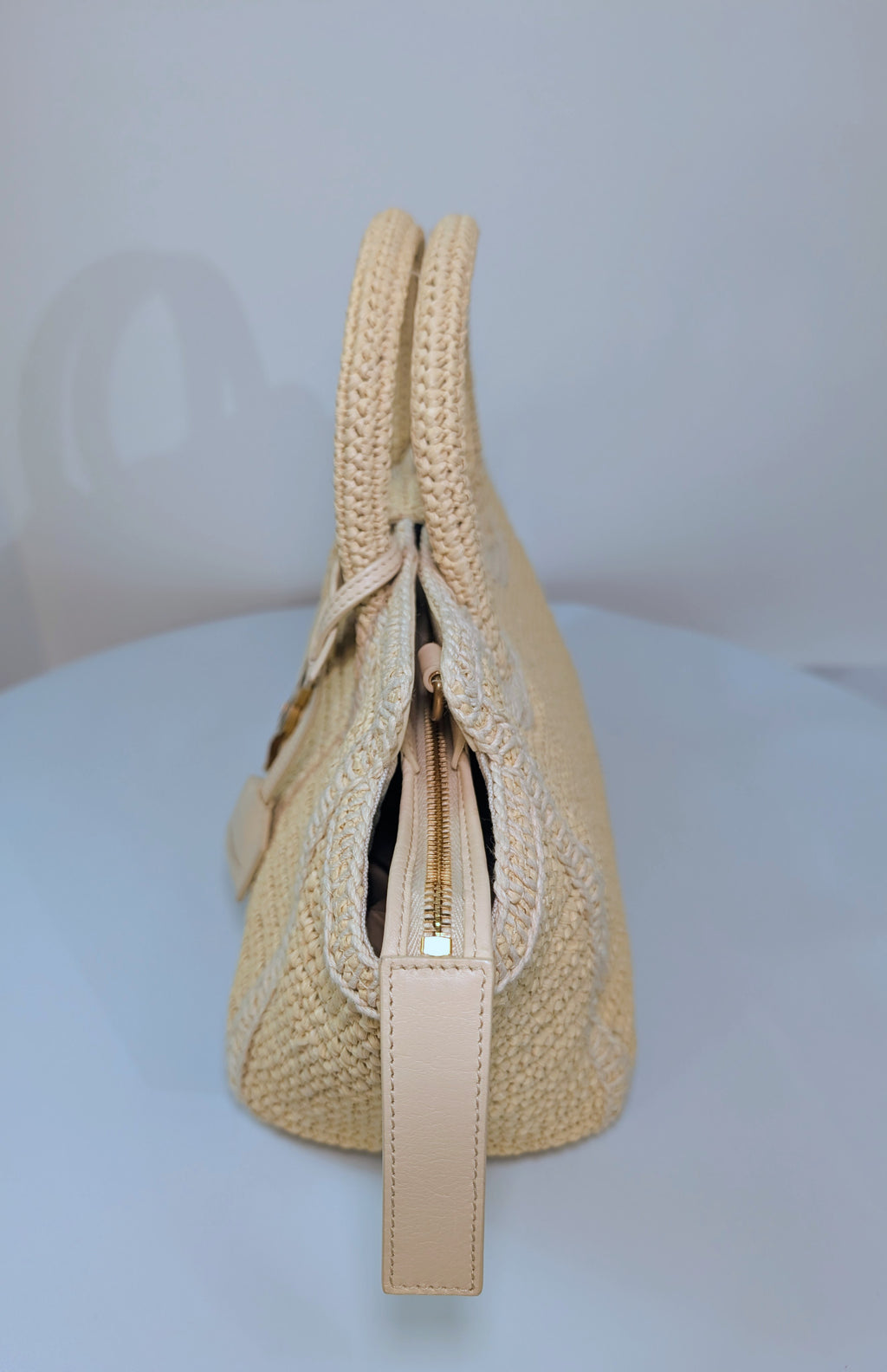 YSL Saint Laurent Light Brown Raffia Crochet Caba Tote Bag with Antiqued Gold Hardware