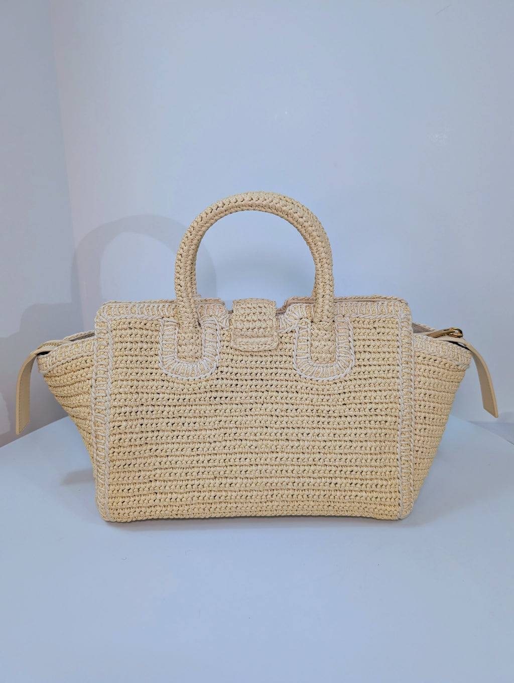 YSL Saint Laurent Light Brown Raffia Crochet Caba Tote Bag with Antiqued Gold Hardware