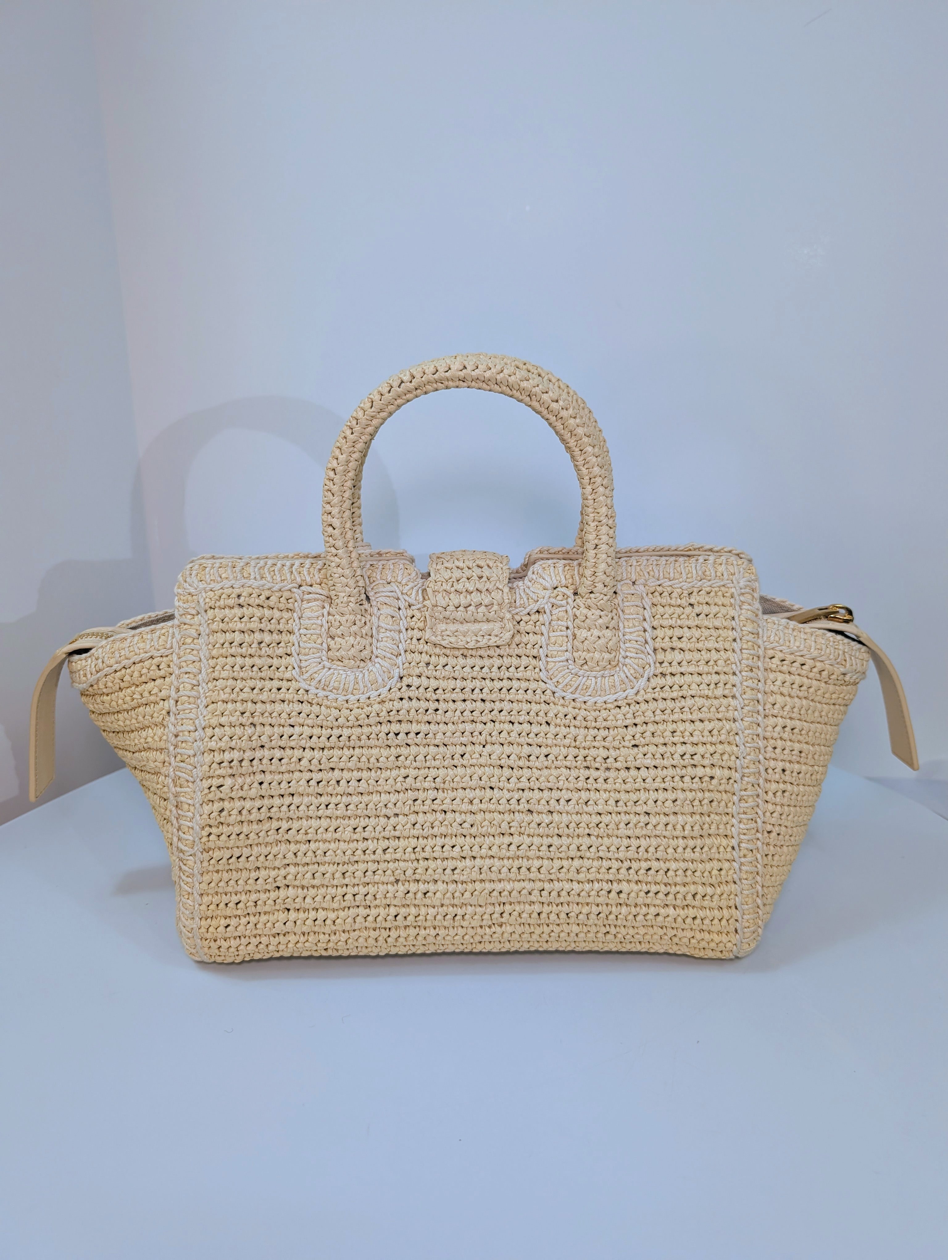 YSL Saint Laurent Light Brown Raffia Crochet Caba Tote Bag with Antiqued Gold Hardware