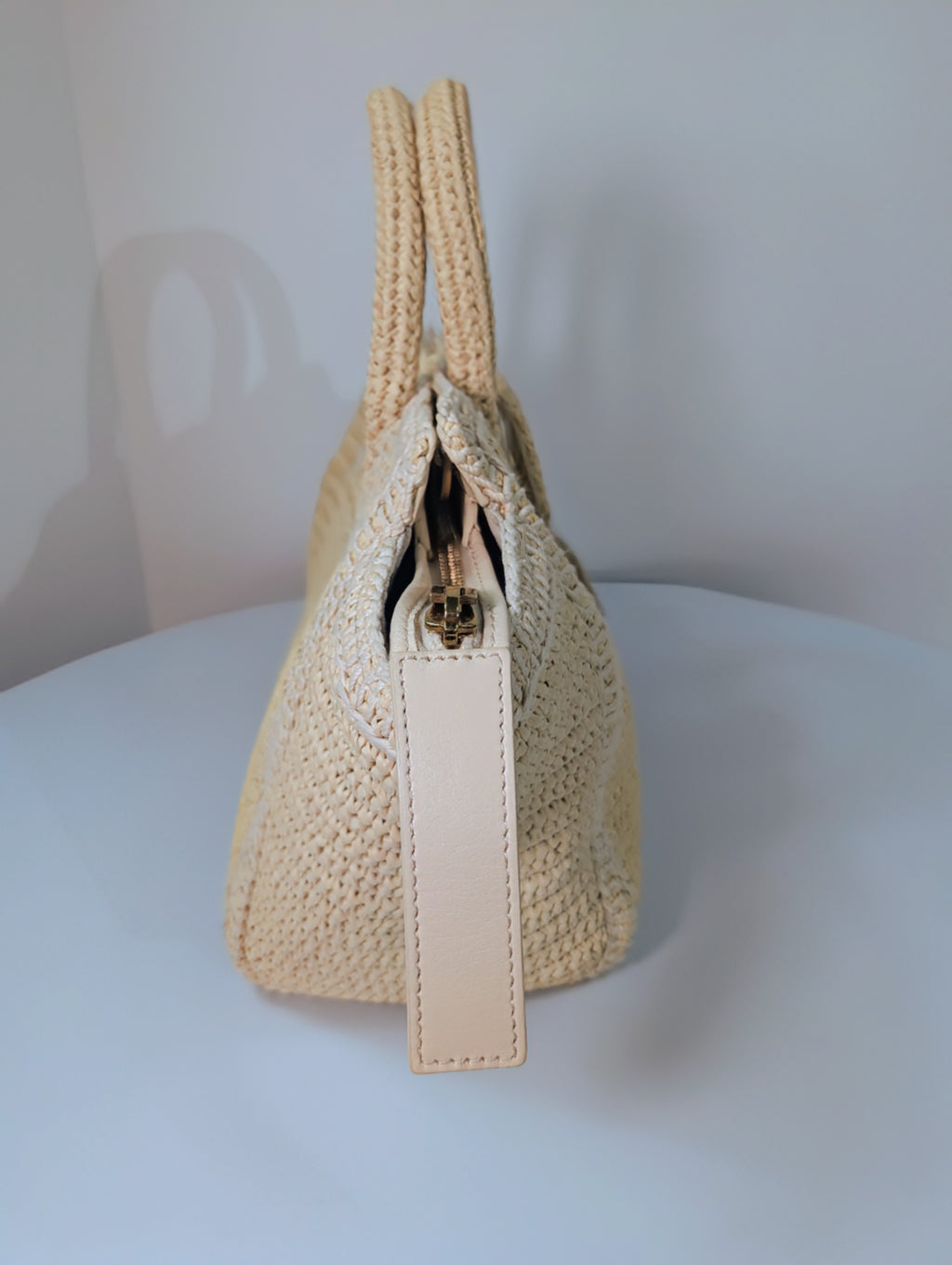 YSL Saint Laurent Light Brown Raffia Crochet Caba Tote Bag with Antiqued Gold Hardware