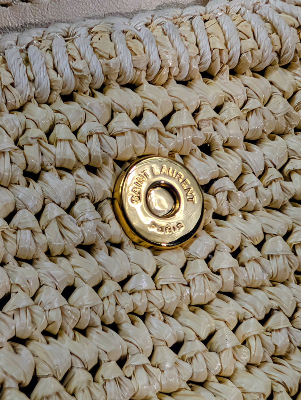 YSL Saint Laurent Light Brown Raffia Crochet Caba Tote Bag with Antiqued Gold Hardware