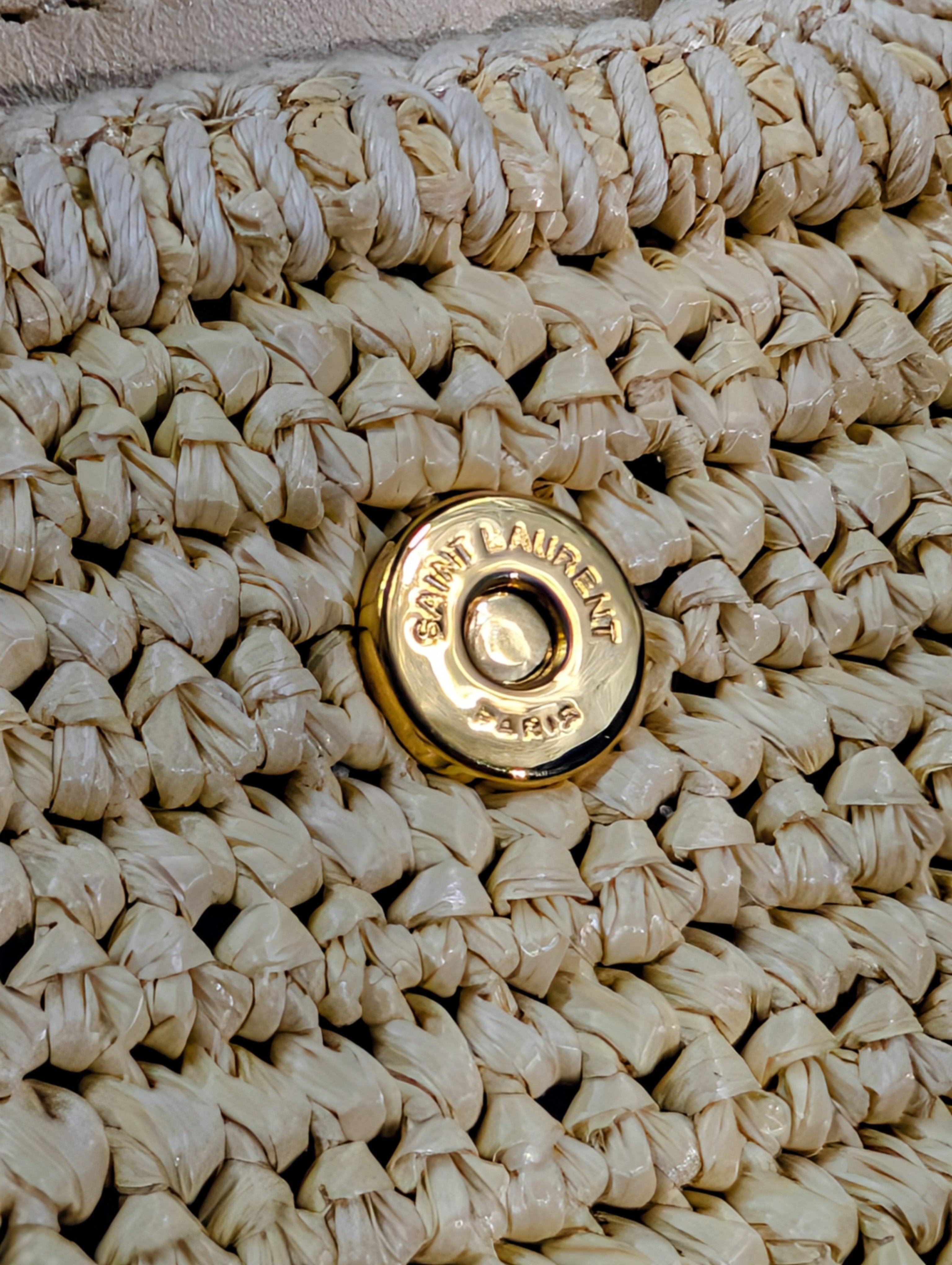 YSL Saint Laurent Light Brown Raffia Crochet Caba Tote Bag with Antiqued Gold Hardware