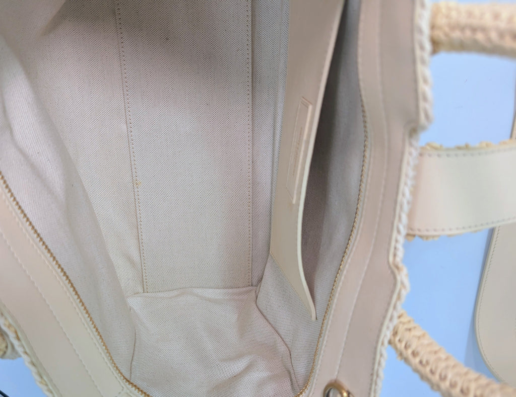 YSL Saint Laurent Light Brown Raffia Crochet Caba Tote Bag with Antiqued Gold Hardware