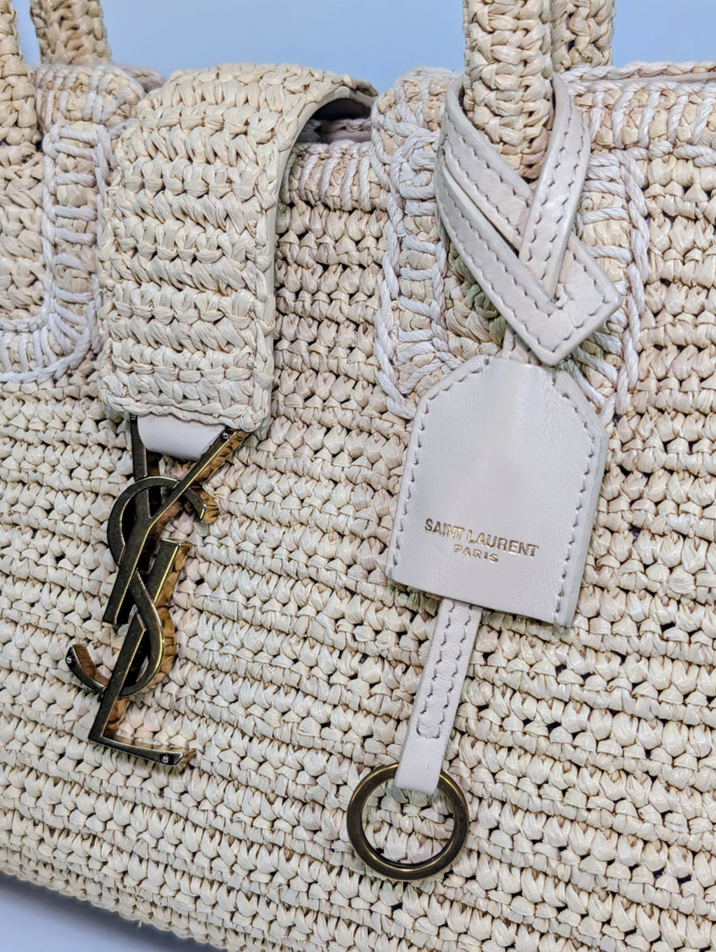 YSL Saint Laurent Light Brown Raffia Crochet Caba Tote Bag with Antiqued Gold Hardware