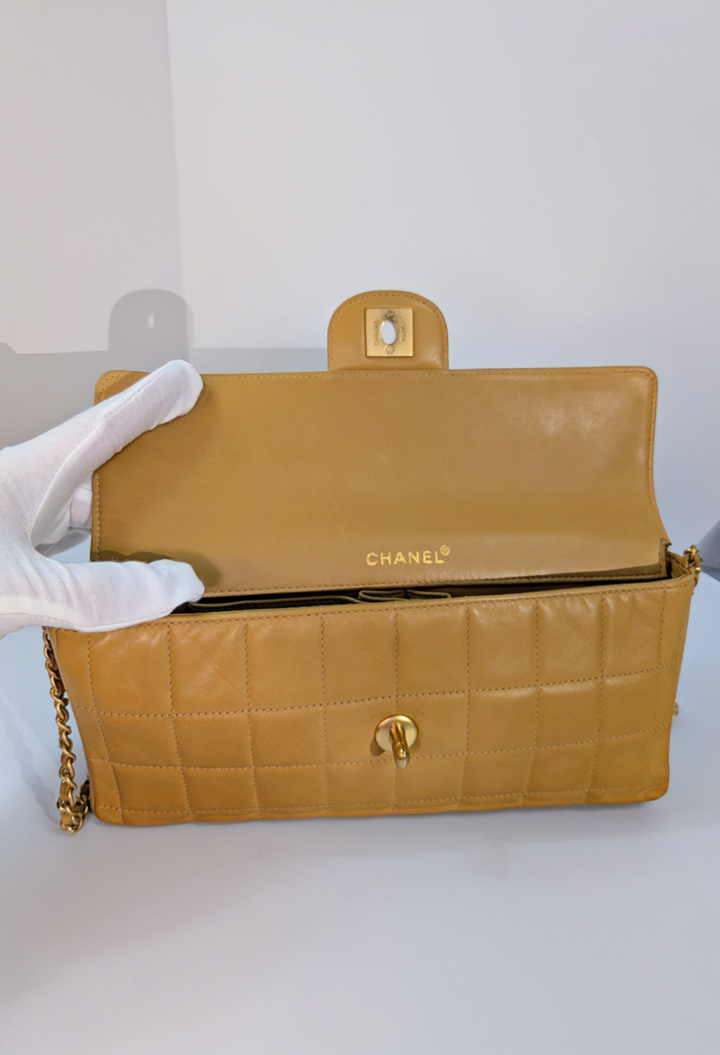Chanel Vintage Butterscotch “Chocolate Bar” Flap Maxi Clutch