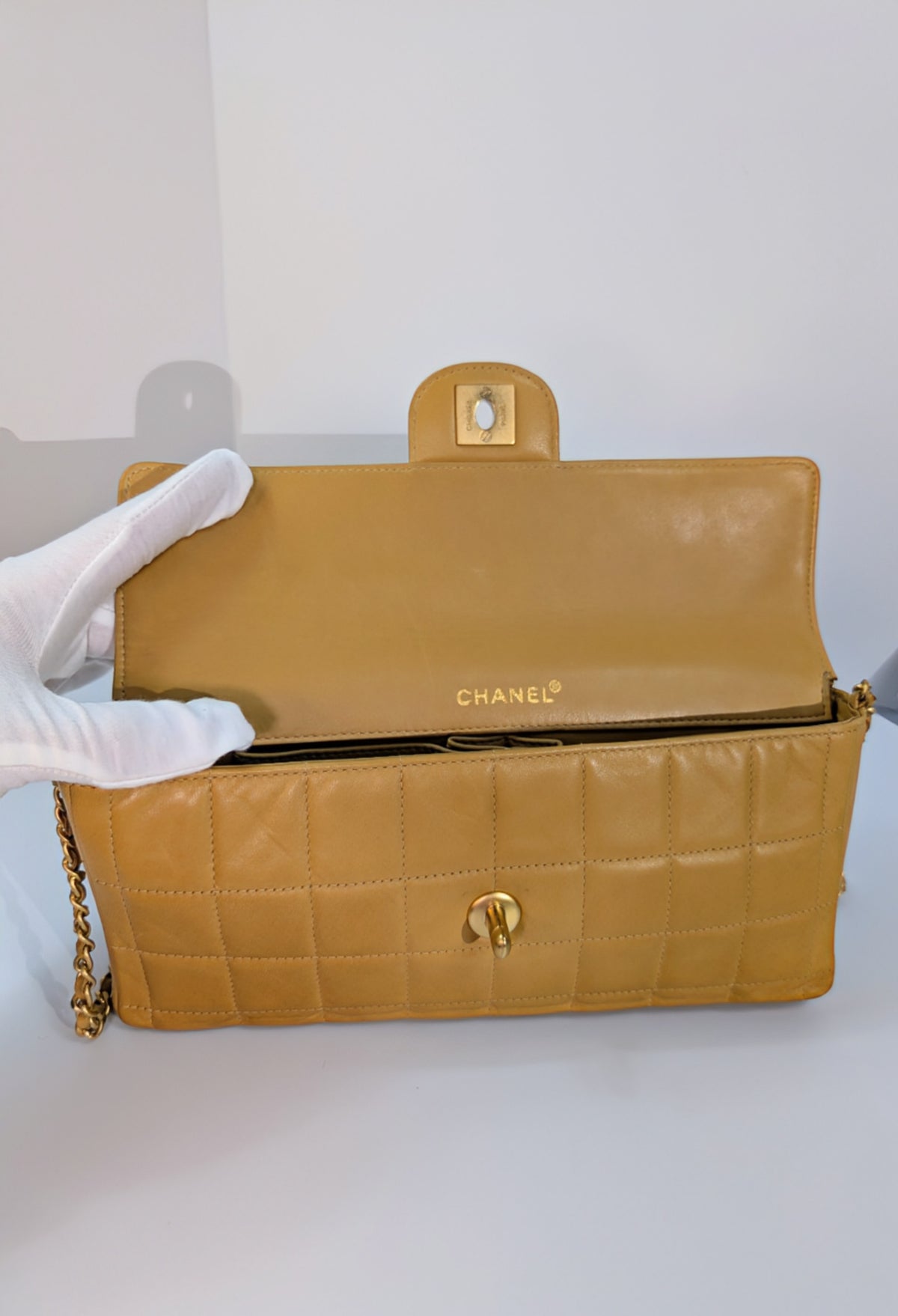 Chanel Vintage Butterscotch “Chocolate Bar” Flap Maxi Clutch