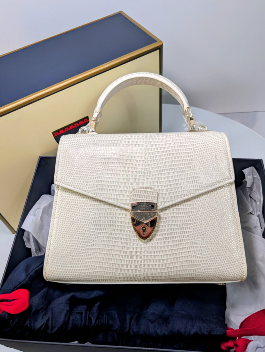 Aspinal of London Ivory White Lizard Embossed Calfskin Mini Mayfair Bag