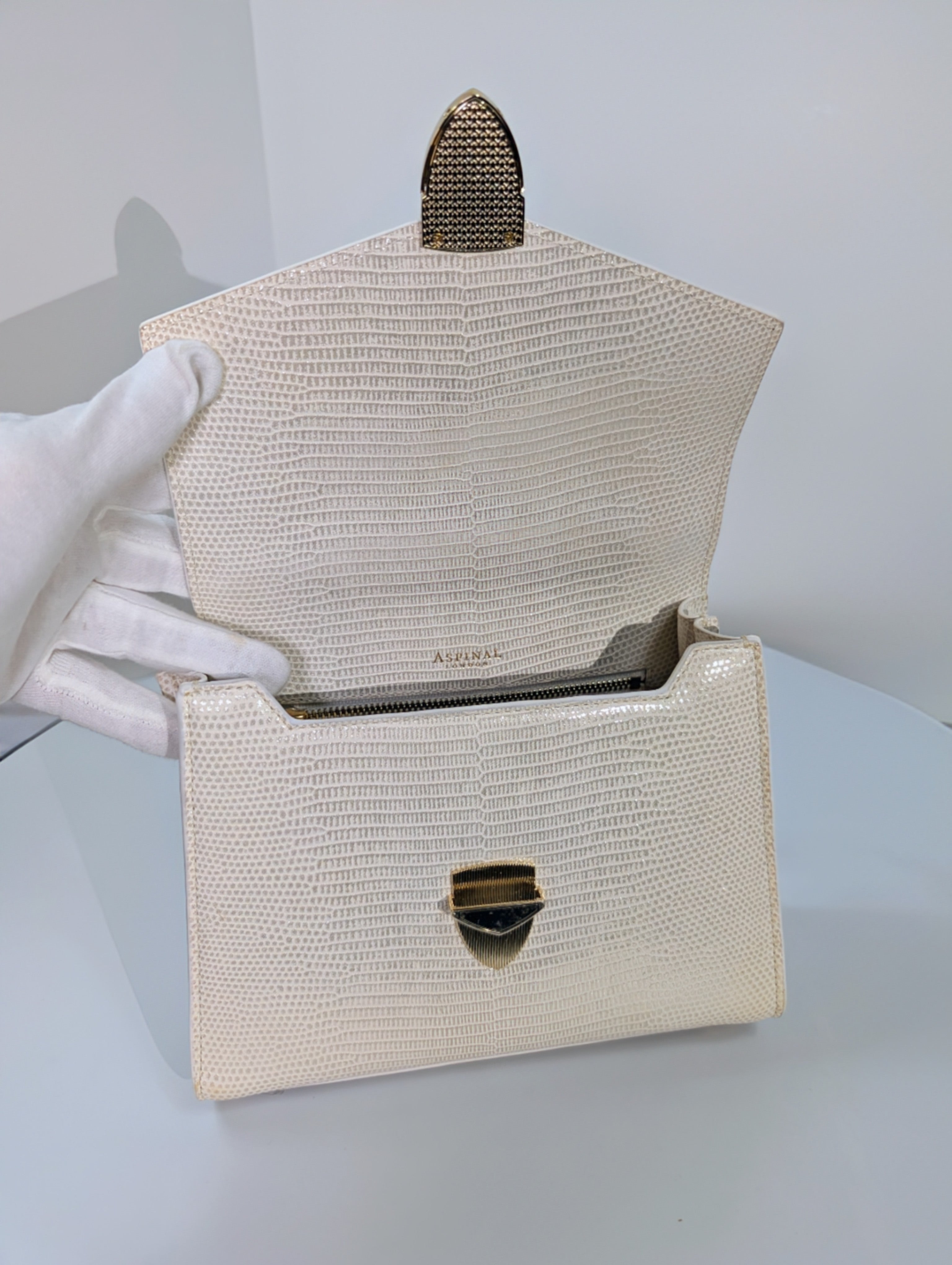 Aspinal of London Ivory White Lizard Embossed Calfskin Mini Mayfair Bag