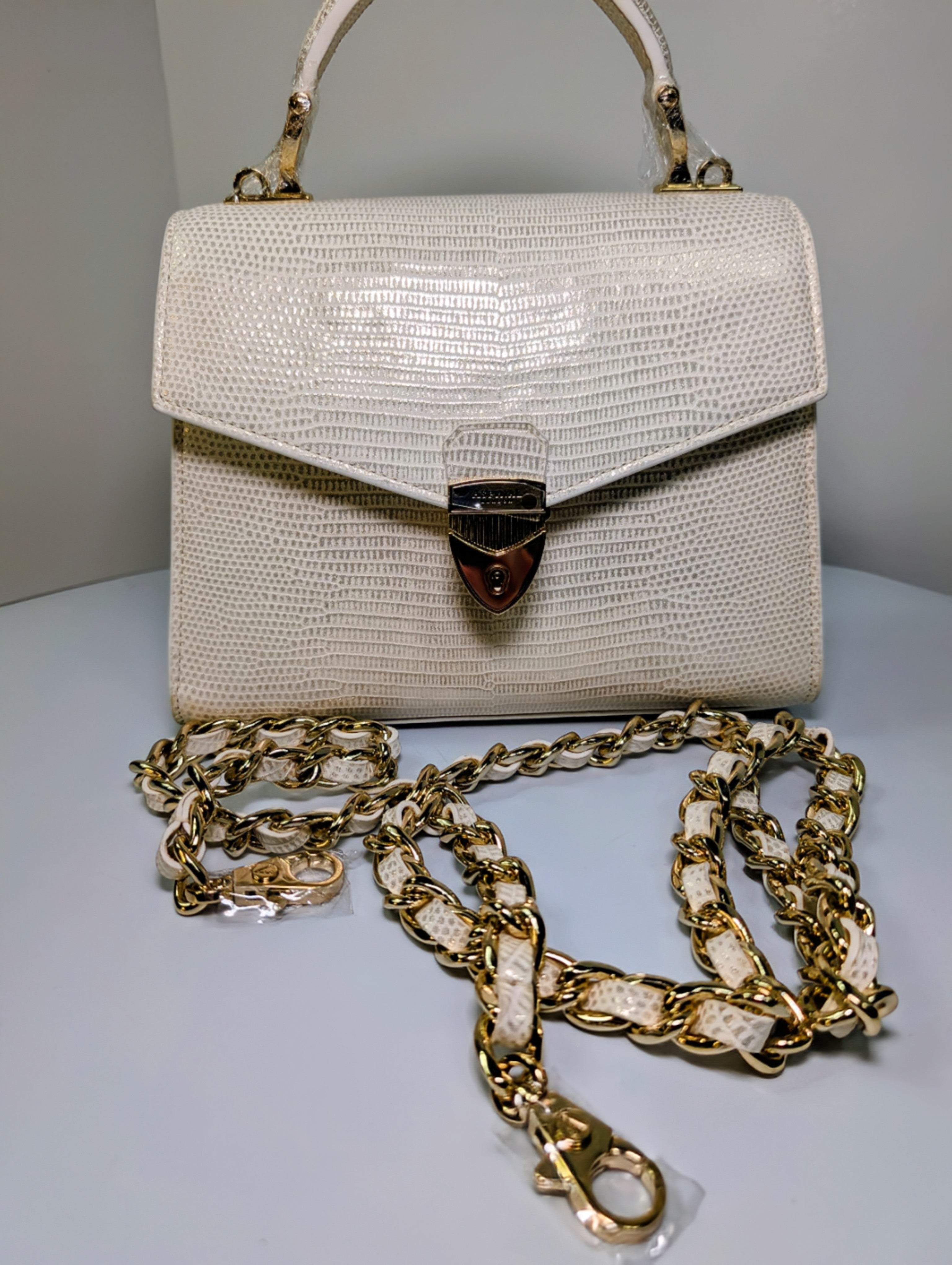 Aspinal of London Ivory White Lizard Embossed Calfskin Mini Mayfair Bag