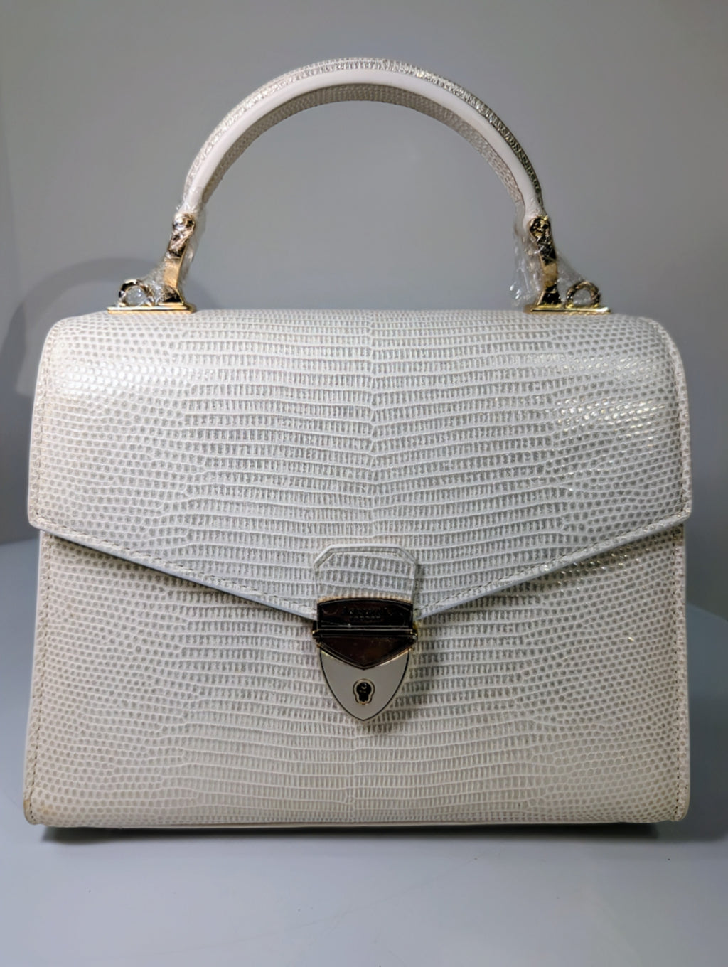 Aspinal of London Ivory White Lizard Embossed Calfskin Mini Mayfair Bag