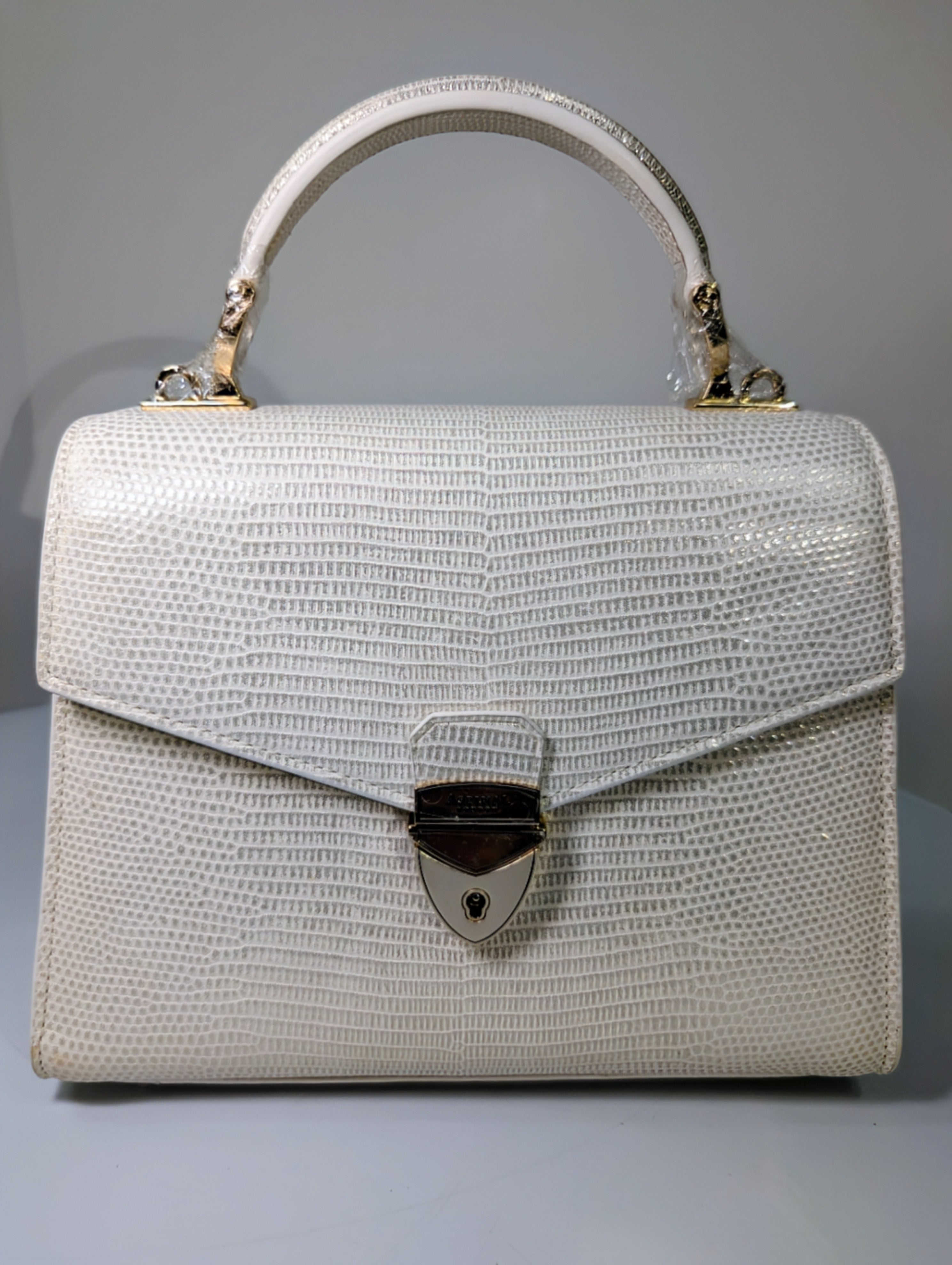 Aspinal of London Ivory White Lizard Embossed Calfskin Mini Mayfair Bag