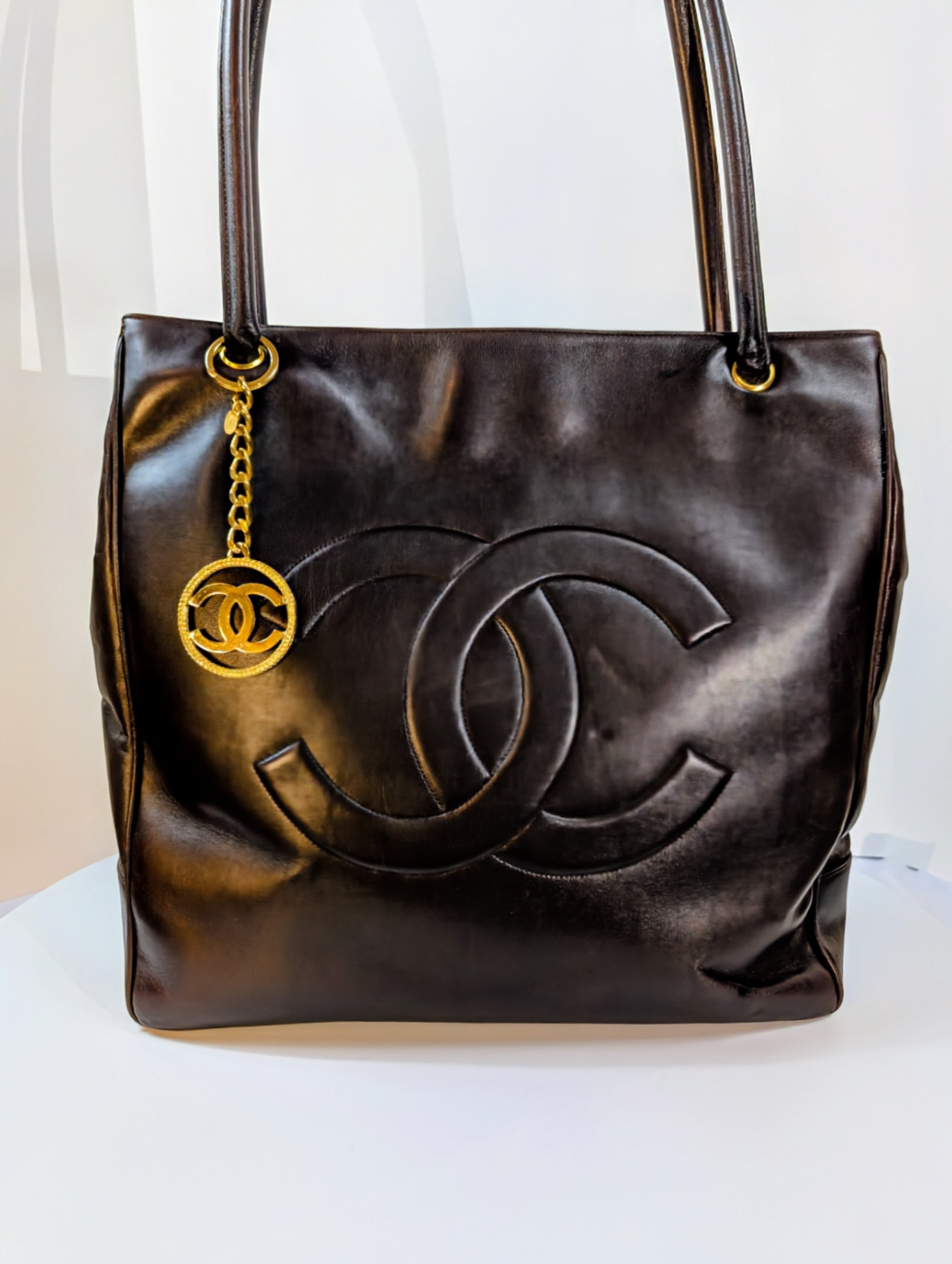 Chanel Vintage Dark Brown Chestnut Lambskin Stitched CC Tote with 24k Gold-Plated Charm