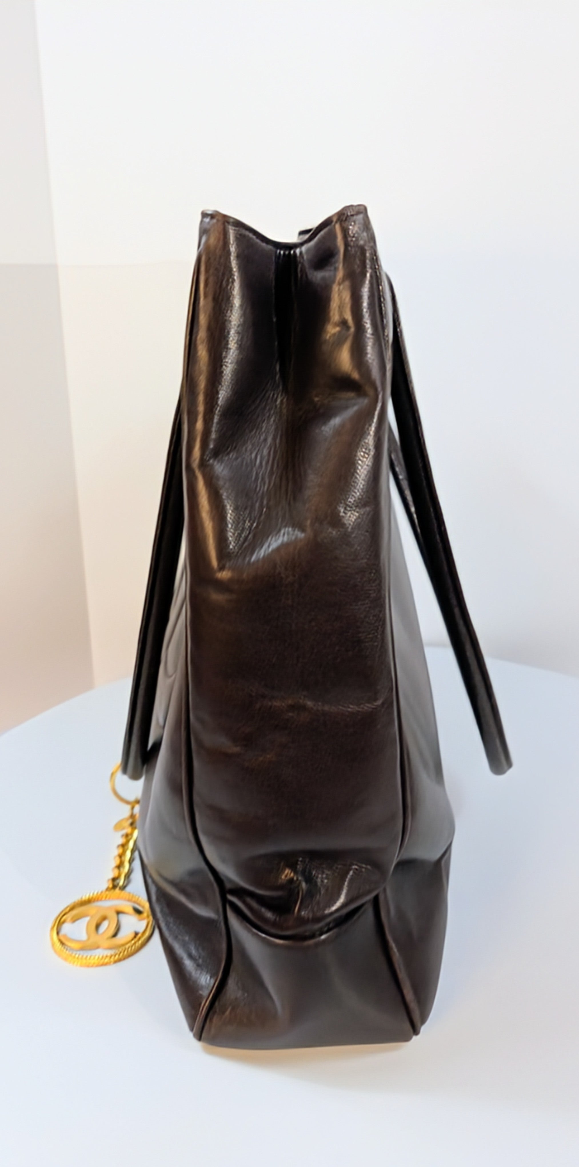 Chanel Vintage Dark Brown Chestnut Lambskin Stitched CC Tote with 24k Gold-Plated Charm