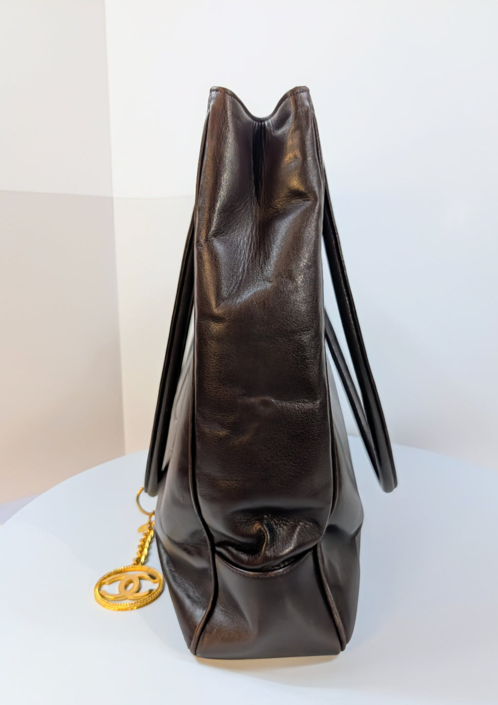 Chanel Vintage Dark Brown Chestnut Lambskin Stitched CC Tote with 24k Gold-Plated Charm