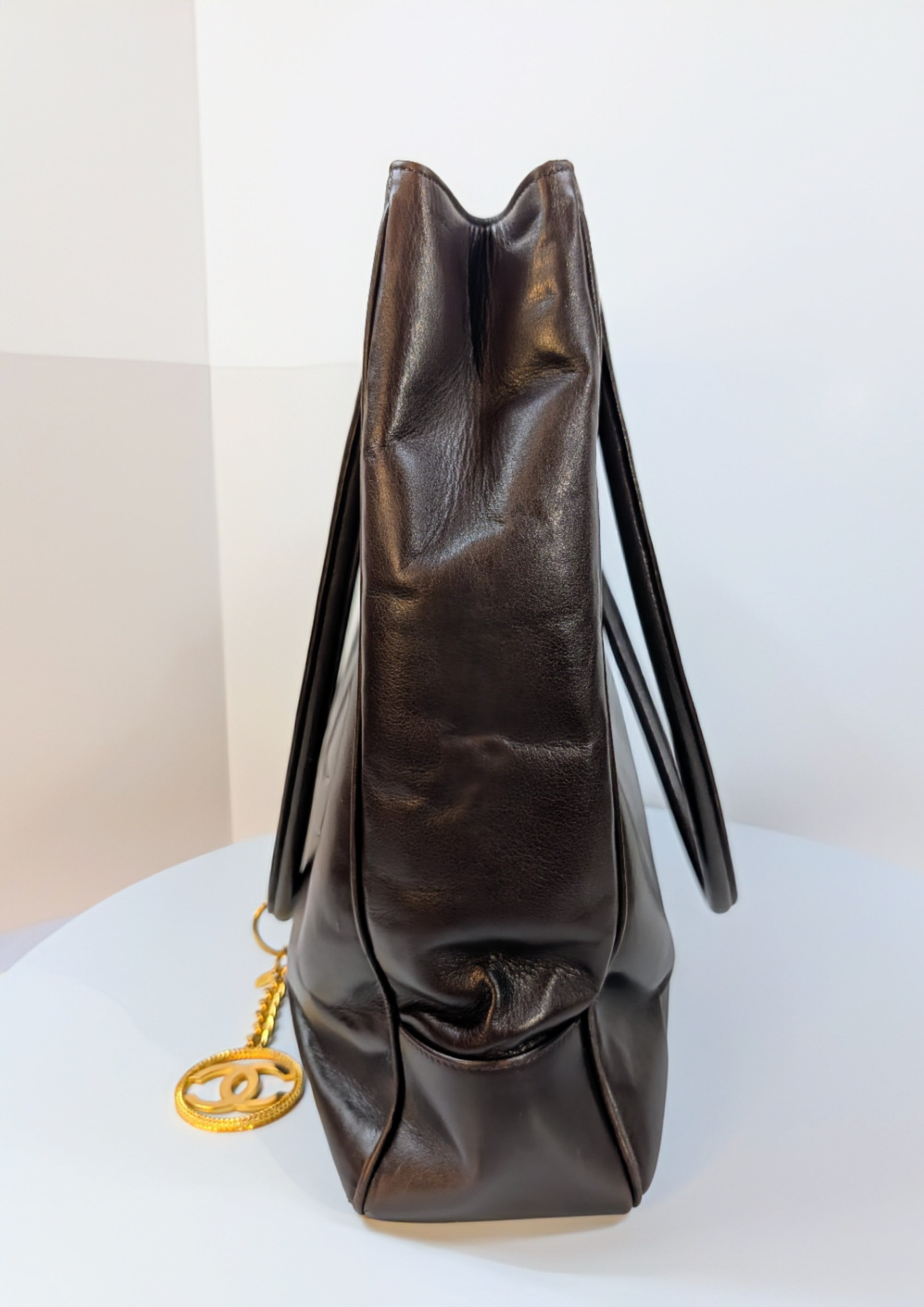 Chanel Vintage Dark Brown Chestnut Lambskin Stitched CC Tote with 24k Gold-Plated Charm