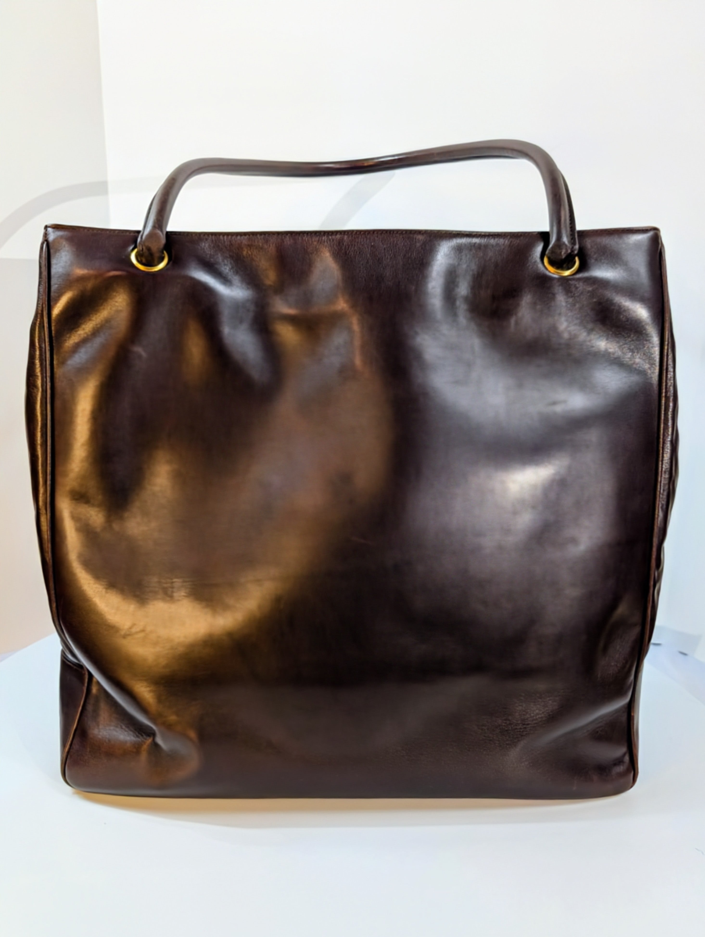 Chanel Vintage Dark Brown Chestnut Lambskin Stitched CC Tote with 24k Gold-Plated Charm
