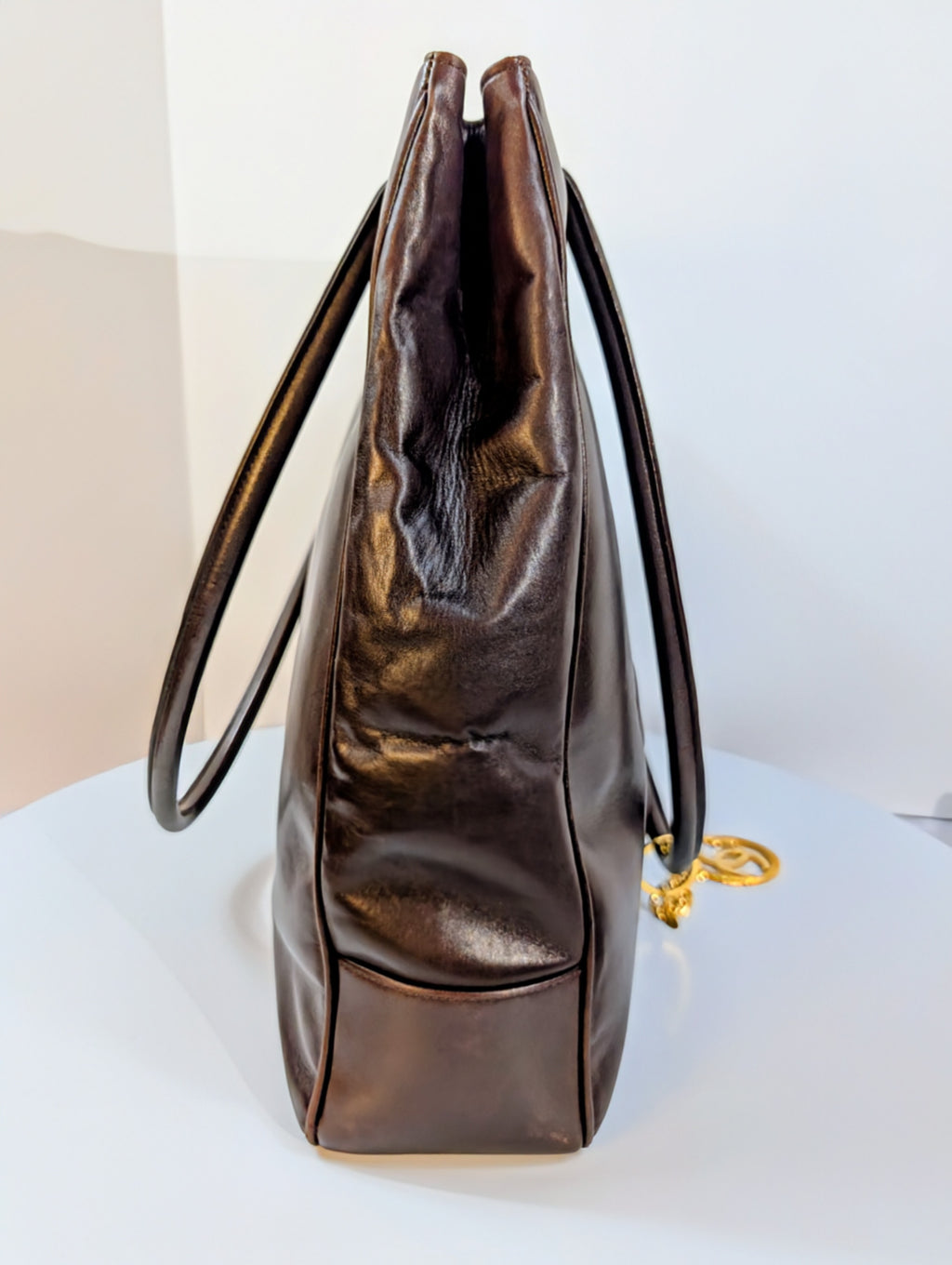 Chanel Vintage Dark Brown Chestnut Lambskin Stitched CC Tote with 24k Gold-Plated Charm